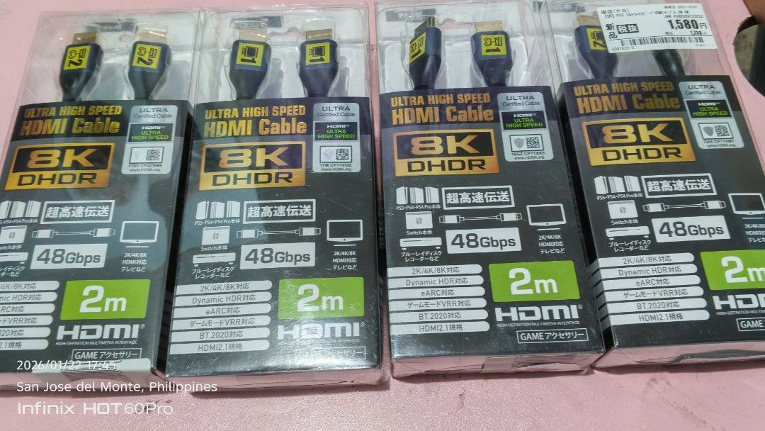 8k HDMI Cable for PC and Game Consoles (Category: Cables & Chargers) located in San Jose del Monte. Submitted by hacknburn (Listing ID 1417126848, Image 1). Description: considered brand new, opened only to check for damage and testing but not used 4 pcs. available DM for those who is interested, thanks pickup or shipping through lalamove and j and t MOP: cash and gcash, maya,gotyme and maribank.