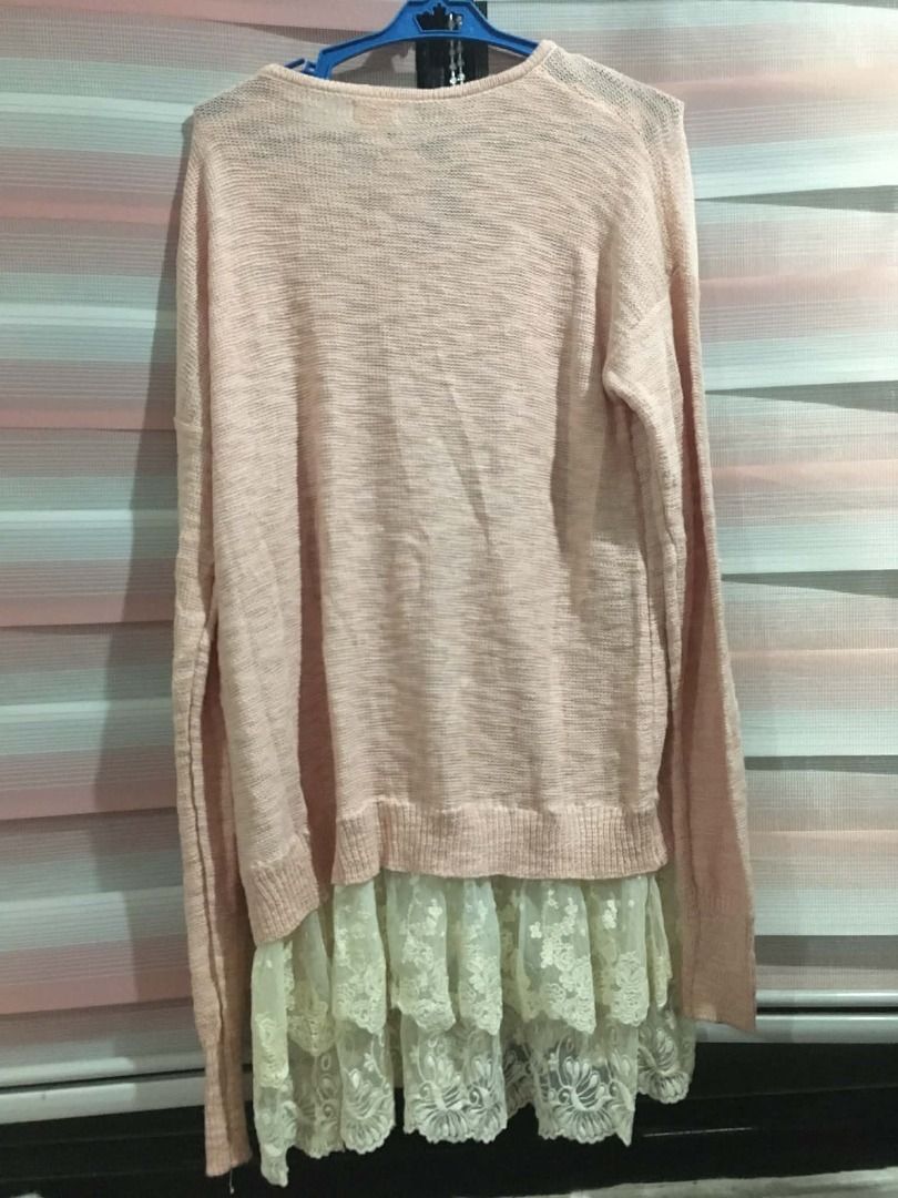 Coquette Pink Sweater with Lace Hem (Category: Longsleeves) located in Quezon City. Submitted by bernice003 (Listing ID 1417034628, Image 3). Description: - Pink sweater - Round neckline - Long sleeves - Delicate knit texture - Cream lace layered hem - Dress up or down - Adds elegance.