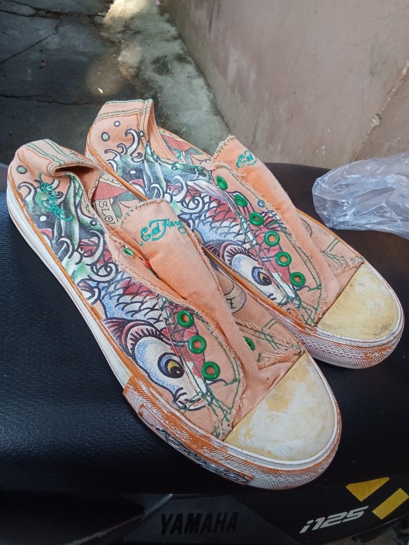 Ed Hardy low top laceless canvas sneakers (Category: Sneakers) located in Bulacan. Submitted by nifftyythrifty (Listing ID 1417141021, Image 1). Description: Ed Hardy low-top, laceless canvas sneakers featuring a koi fish tattoo art design. size :39.