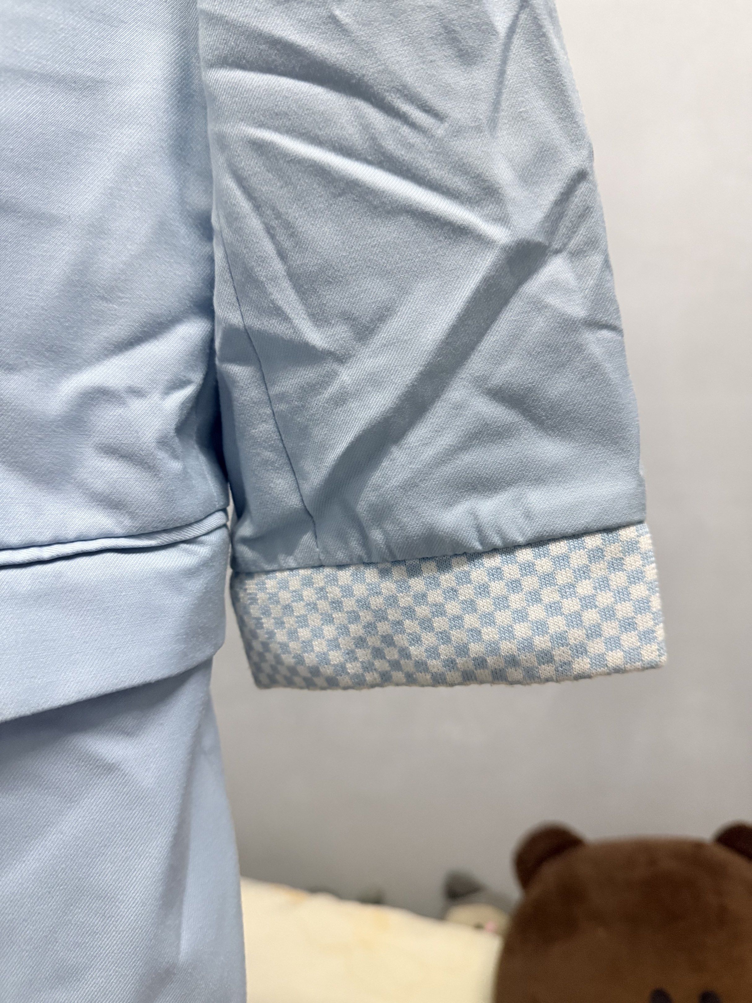 Light Blue Blazer with Checkered Cuffs (Category: Coats, Jackets and Outerwear) located in Klang. Submitted by leontan1996 (Listing ID 1417070713, Image 2). Description: Size s.