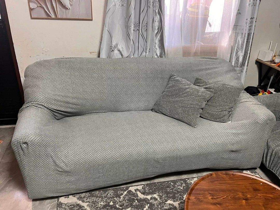 Sofa Set with Custom Made Cover (Category: Sofas) located in Cebu City. Submitted by dudes_villanueva (Listing ID 1417182244, Image 2). Description: Sofa Set with Custom Made Cover (Throw Pillow not included) 📌Preloved. Used for 1 year only. 📌Sofa set from E*M*C*O*R 📌In very good condition. -Needs Fabric Cleaning. See Pic with no cover. 📌Very sturdy no visible major issues RFS: Change Sofa Set Main Sofa - L75xW30xH31 in 2 Chair Sofa - L34xW30