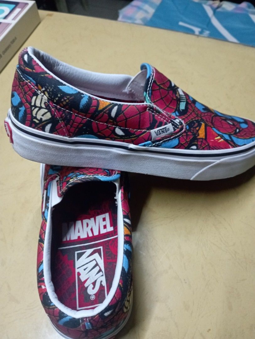 Vans Marvel Spider-Man Slip-On Shoes (Category: Sneakers) located in Meycauayan. Submitted by issasvillaflores (Listing ID 1417161877, Image 3). Description: - Vans slip-on shoes with Spider-Man design - Red and blue color scheme - sizes: Men - 7.5. Women - 9 - Interior features Marvel and Vans logos - Red waffle soles - Unworn condition.