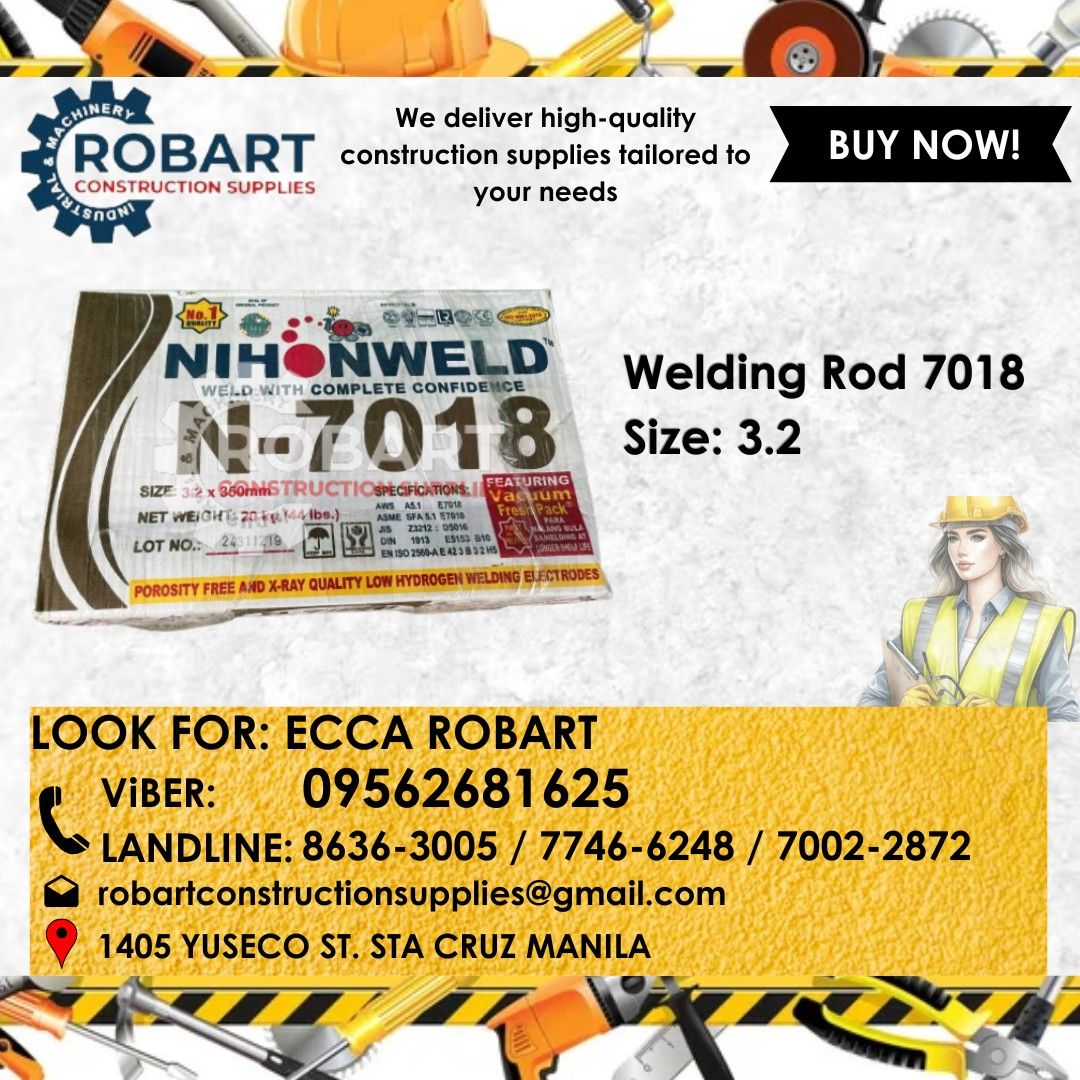Welding Rod 7018 (Category: Looking For) located in Manila. Submitted by eccarobart59763 (Listing ID 1417118270, Image 1). Description: Welding Rod 7018 Size: 3.2 SEND US MESSAGE FOR INQUIRIES ‼️ ‼️ Look For: Ecca Robart 09562681625 8636-3005/ 7746-6248/7002-2872 Email: e c c a r o b a r t s a l e s @ g m a i l . c o m r o b a r t c o n s t r u c t i o n s u p p l i e s @ g m a i l . c o m 𝑹𝑶𝑩𝑨𝑹𝑻 𝑪𝑶𝑵𝑺𝑻𝑹𝑼𝑪𝑻𝑰𝑶𝑵 𝑺𝑼𝑷𝑷𝑳𝑰𝑬𝑺 Of