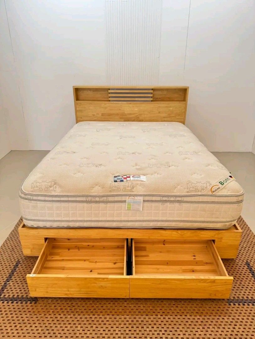 Wooden Bed Frame with Mattress and Storage (Category: Bed Frames & Mattresses) located in Valenzuela. Submitted by princeraya55649 (Listing ID 1417128015, Image 2). Description: Queen Bedframe with Storage Premium 13” Mattress Price: 20,900 Frame: 61 x 86.5 x 41/10 Mattress: 61 x 81 In good condition Code MJS100-E505.