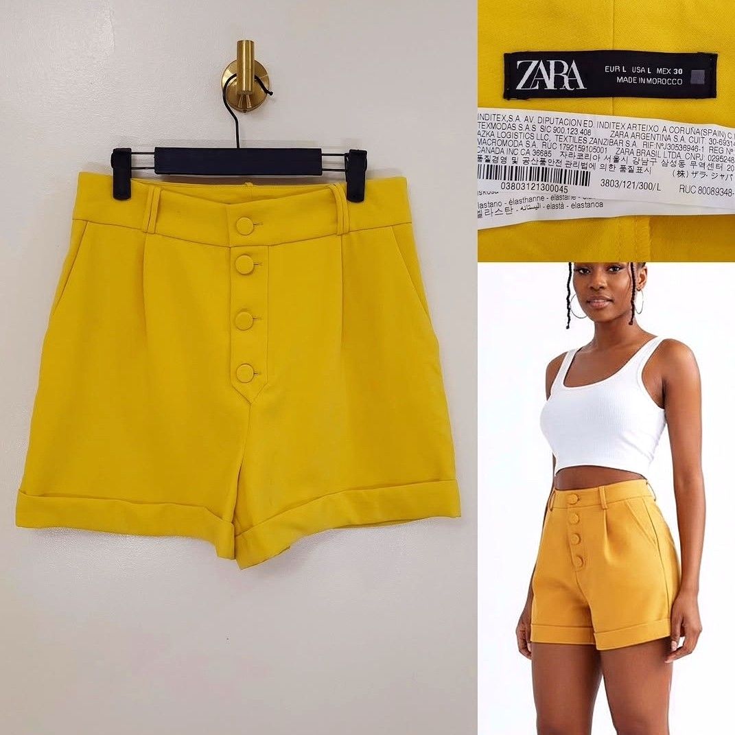Zara Yellow Highwaist Shorts (Category: Shorts) located in Pasig City. Submitted by ecasarmientodv (Listing ID 1417178014, Image 1). Description: Large on tag; can fit to 30-31 waist.