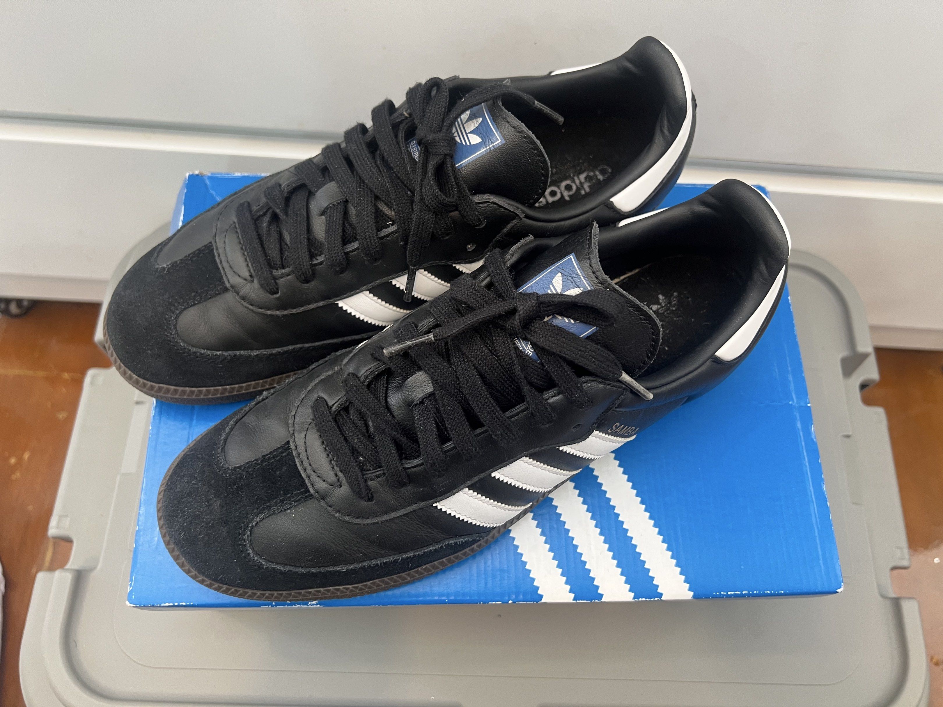 Adidas Samba OG Black White Gum (Category: Sneakers) located in Quezon City. Submitted by authenticcloset (Listing ID 1417320858, Image 2). Description: Adidas Samba OG sneakers in black and white. Features the iconic three stripes and a gum sole. The shoes are size US 11. Comes with the original box. Made in Vietnam. The shoes have black laces and the Adidas logo on the tongue. Used a few times only pls check photos for the condition.