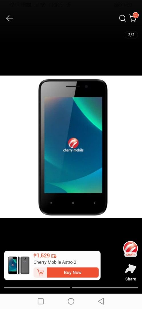 Cherry mobile Astro 2 (Category: Android Others) located in Manila. Submitted by yaozumoko (Listing ID 1417305268, Image 1). Description: The Cherry Mobile Astro 2 is an entry-level 4-inch Android 6.0 Marshmallow smartphone (often branded as OnRev Astro) featuring a 1.3GHz quad-core processor, 512MB RAM, and 4GB internal storage. It includes 5MP rear/2MP front cameras, 3G connectivity, dual SIM support, and a 1000mAh-1200mAh battery. Key Specific
