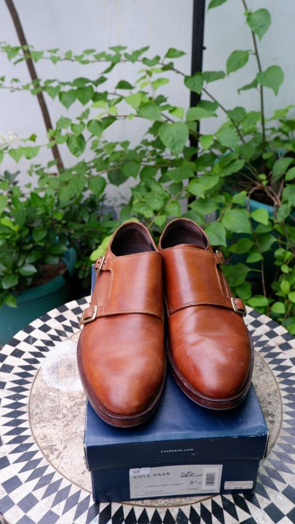 Cole Haan Harrison Grand Loafers (Category: Dress Shoes) located in Cebu City. Submitted by ohkmllr (Listing ID 1417360845, Image 1). Description: - Cole Haan Harrison Grand Double Monk shoes - Color: British Tan - Size: 8.5M - Closure: Double monk strap - Condition: Shows wear on soles - Includes original box - Features Cole Haan logo on insole.
