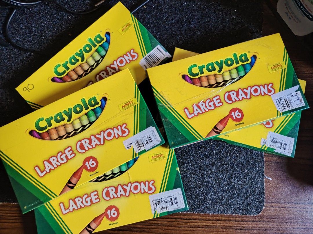 Crayola Large Crayons 16 Count (Category: Craft Supplies & Tools) located in San Mateo. Submitted by carl_240 (Listing ID 1417260795, Image 1). Description: Set of Crayola large crayons. Each box contains 16 crayons. The boxes are yellow with green accents and feature the Crayola logo. Perfect for art projects and coloring. Great for kids and adults alike. Ideal for school, home, or travel. 120 pesos each can do big order.