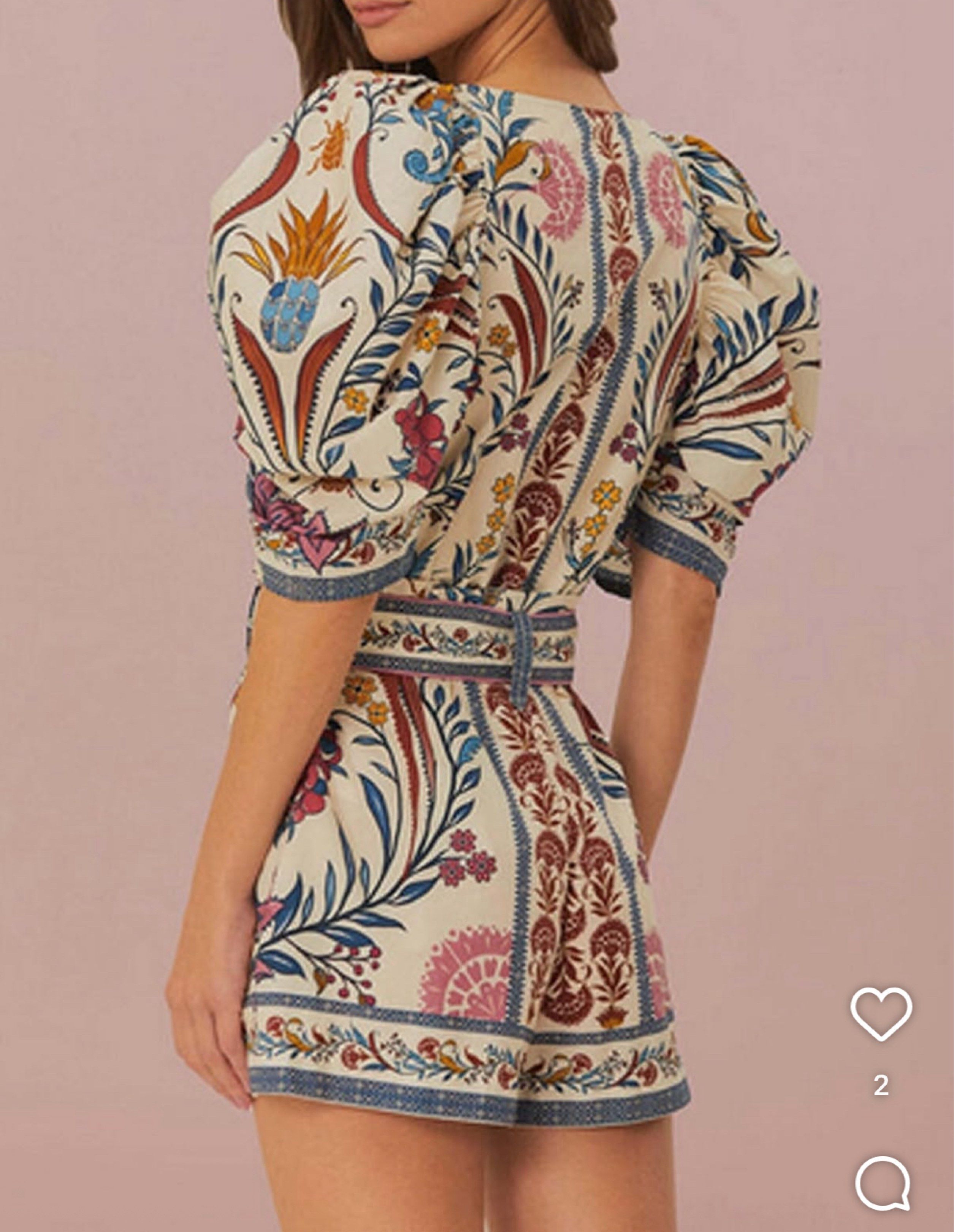 Farm Rio Floral Print Romper (Category: Dresses) located in Paranaque City. Submitted by larabnew (Listing ID 1417260967, Image 2). Description: - Farm Rio dress - Size: XS - Stunning floral print - Puff sleeves - Button-down front - Includes matching belt - Lightweight fabric - Ideal for warm weather - Unique design with intricate details.