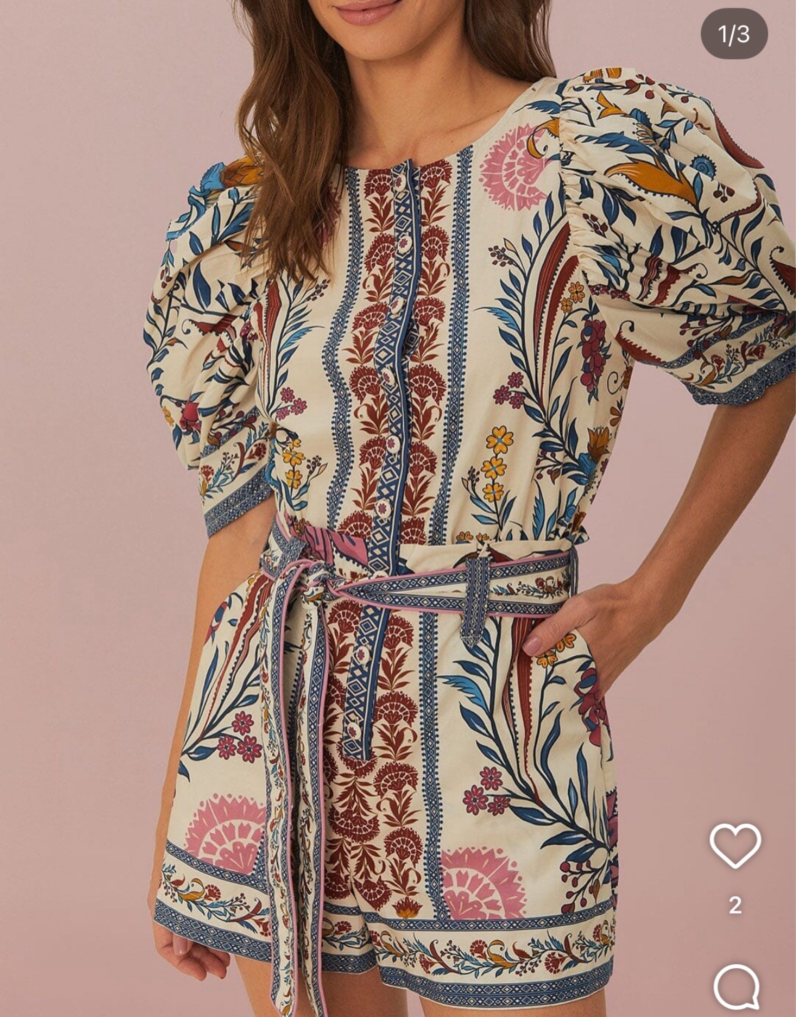 Farm Rio Floral Print Romper (Category: Dresses) located in Paranaque City. Submitted by larabnew (Listing ID 1417260967, Image 1). Description: - Farm Rio dress - Size: XS - Stunning floral print - Puff sleeves - Button-down front - Includes matching belt - Lightweight fabric - Ideal for warm weather - Unique design with intricate details.