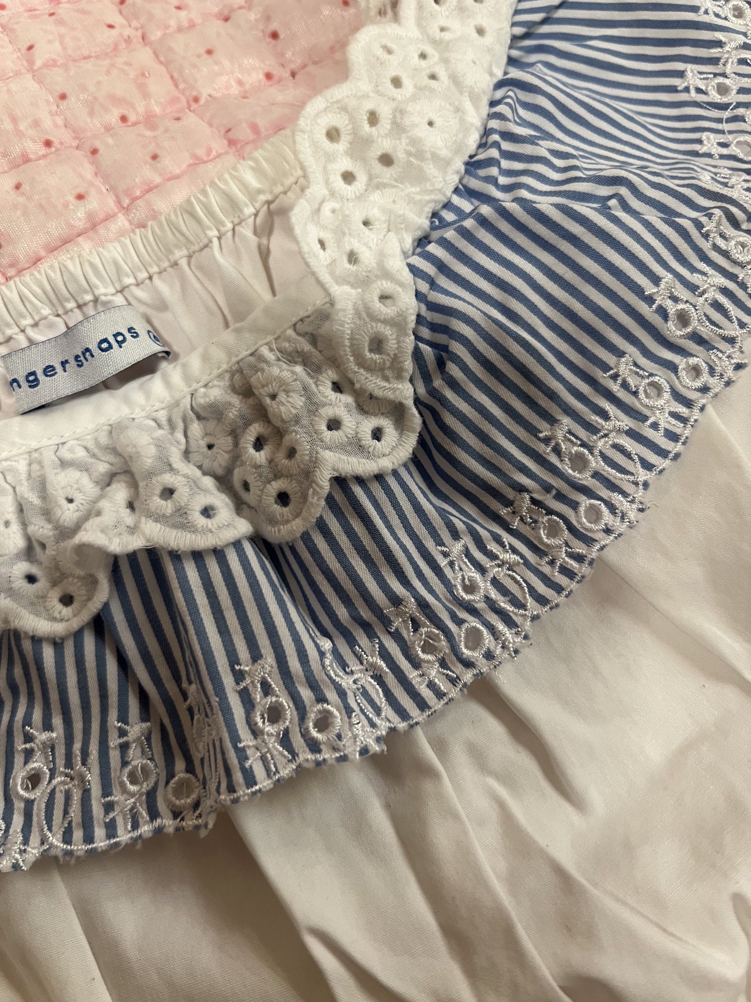 Gingersnaps White and Blue Dress (Category: Babies & Kids Fashion) located in Bulacan. Submitted by nickxee (Listing ID 1417233895, Image 3). Description: - Gingersnaps white dress - Blue and white striped collar - Delicate eyelet lace trim - Tiered skirt - Comfortable elasticized waist - Lightweight fabric - Ideal for warm weather and special occasions.