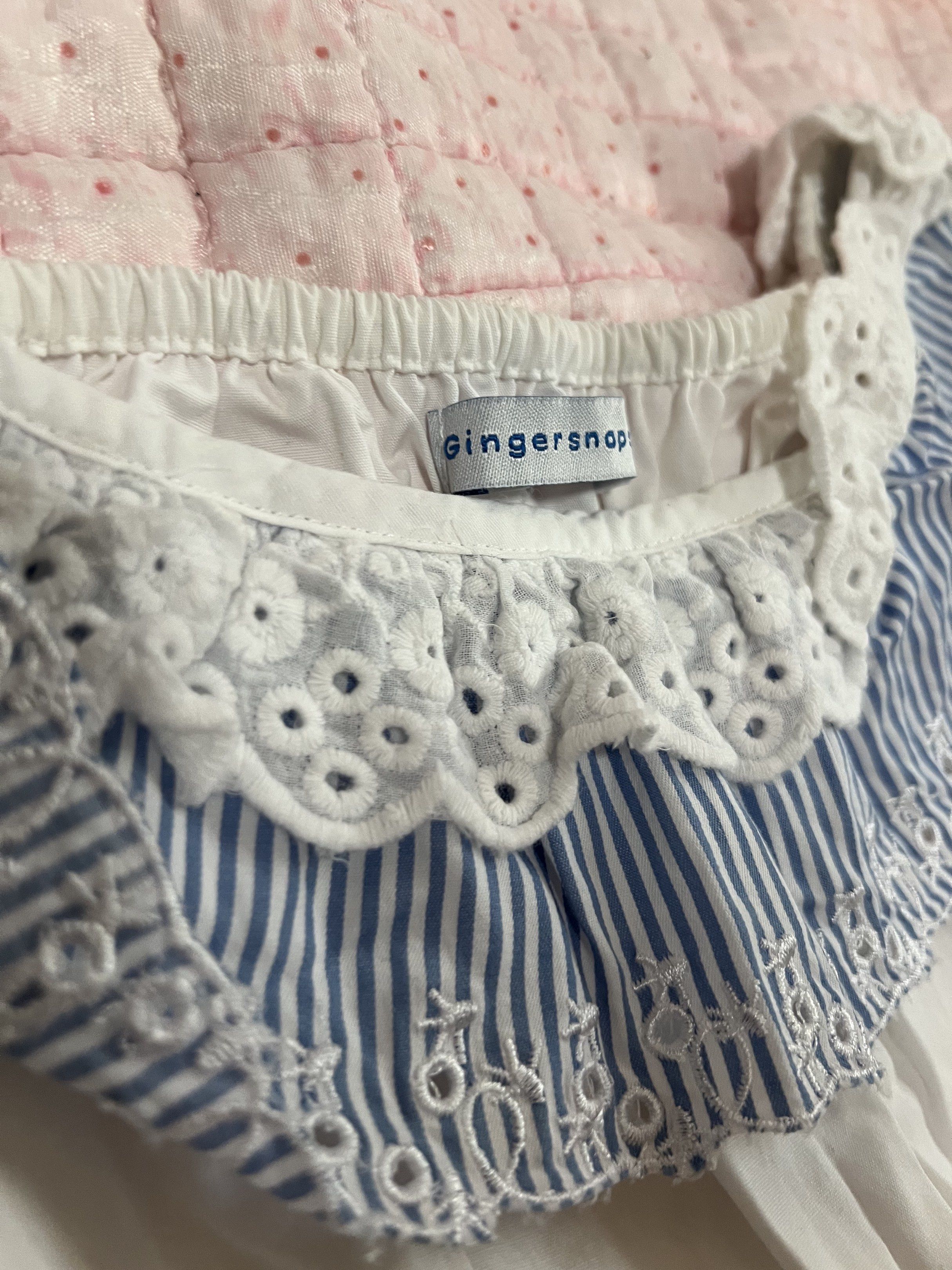 Gingersnaps White and Blue Dress (Category: Babies & Kids Fashion) located in Bulacan. Submitted by nickxee (Listing ID 1417233895, Image 2). Description: - Gingersnaps white dress - Blue and white striped collar - Delicate eyelet lace trim - Tiered skirt - Comfortable elasticized waist - Lightweight fabric - Ideal for warm weather and special occasions.