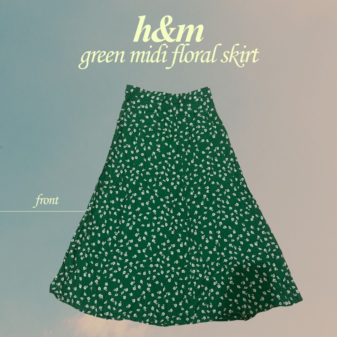H&M Green Midi Skirt (Category: Skirts) located in Manila. Submitted by kkkkae_preloved (Listing ID 1417322876, Image 1). Description: ❗️BEST FITS xs to small frames ❗️ - Color: GREEN (may appear different due to lighting) - With floral pattern - With back zipper (see photos) - In good condition - NO holes / stains - Length measurement included (see photos).