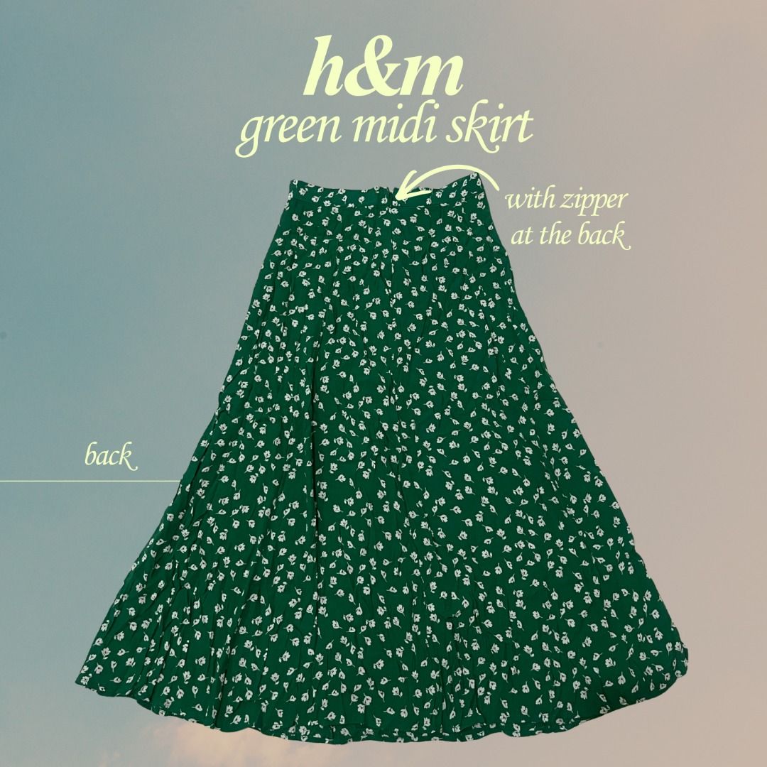 H&M Green Midi Skirt (Category: Skirts) located in Manila. Submitted by kkkkae_preloved (Listing ID 1417322876, Image 2). Description: ❗️BEST FITS xs to small frames ❗️ - Color: GREEN (may appear different due to lighting) - With floral pattern - With back zipper (see photos) - In good condition - NO holes / stains - Length measurement included (see photos).