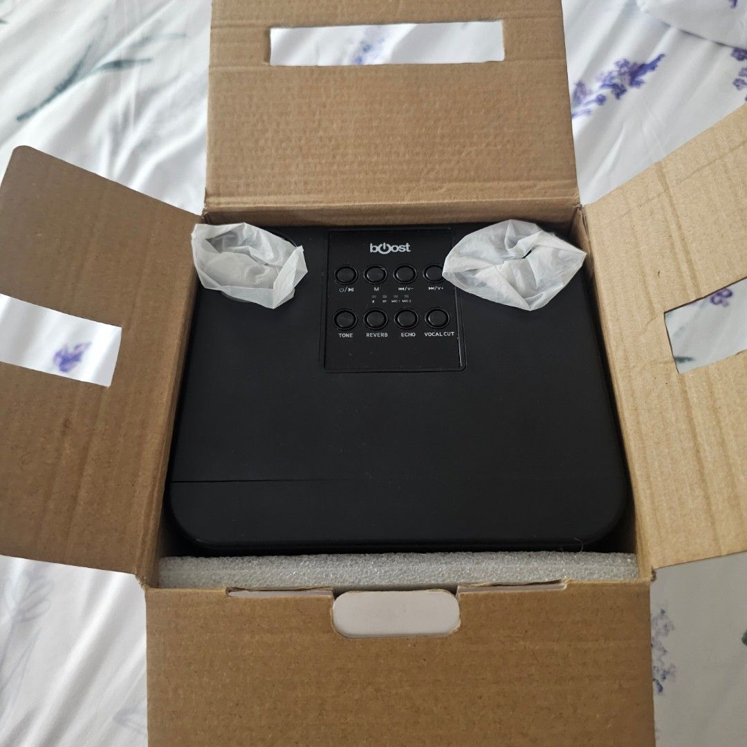 Gold Karaoke speaker with 2 wireless microphone (Category: Microphones) located in Quezon City. Submitted by maffy.ri (Listing ID 1417293444, Image 2). Description: Used once - No Issues ✅️ RFS: di nagagamit 📍Location: Crame, malapit sa Cubao 💵 MODE OF PAYMENT: - Gcash or Bank 🚙 Delivery: - Via Lalamove, shipping will be shouldered by buyer ✅️ I'll be sending videos and pictures during the transaction for assurance .