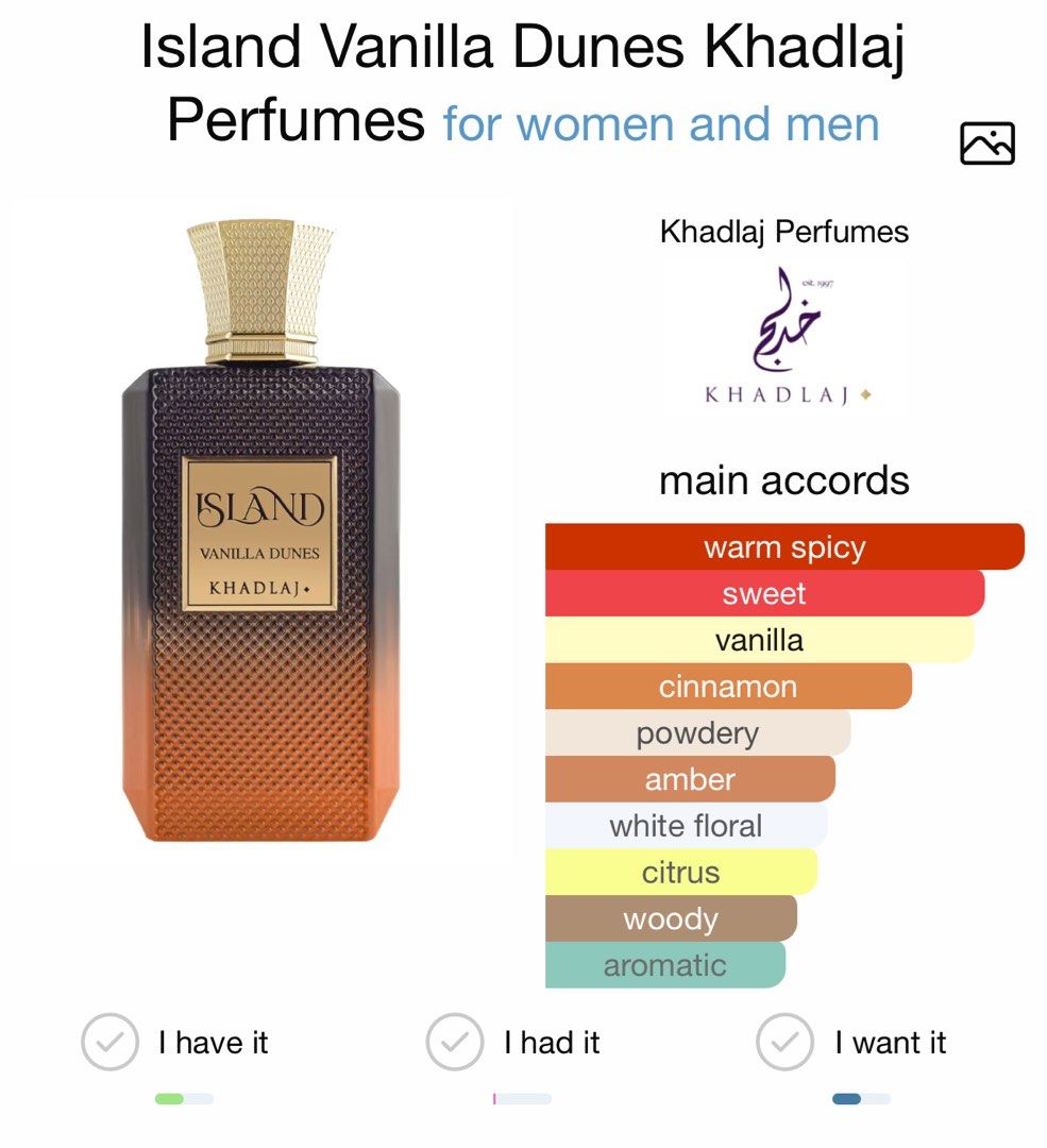 Khadlaj Island Vanilla Dunes Perfume (Category: Fragrance & Deodorants) located in Manila. Submitted by delacruzja09842 (Listing ID 1417309868, Image 1). Description: - Island Vanilla Dunes by Khadlaj (Unisex Fragrance) - Main Accords: Warm Spicy, Sweet, Vanilla, Cinnamon - Concentration: Extrait de Parfum - Includes: Bottle and Box.