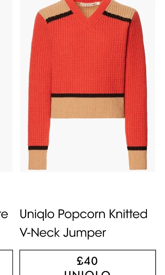 Marni x Uniqlo V-Neck Sweater (Category: Coats, Jackets and Outerwear) located in Cavite. Submitted by lilltevg (Listing ID 1414949369, Image 3). Description: - Marni x Uniqlo collaboration sweater. - Unique color block design. - V-neck style. - Long sleeves with ribbed cuffs. - Textured knit pattern. - Color scheme: Orange, beige, and navy blue. - Size tag is visible in the image..