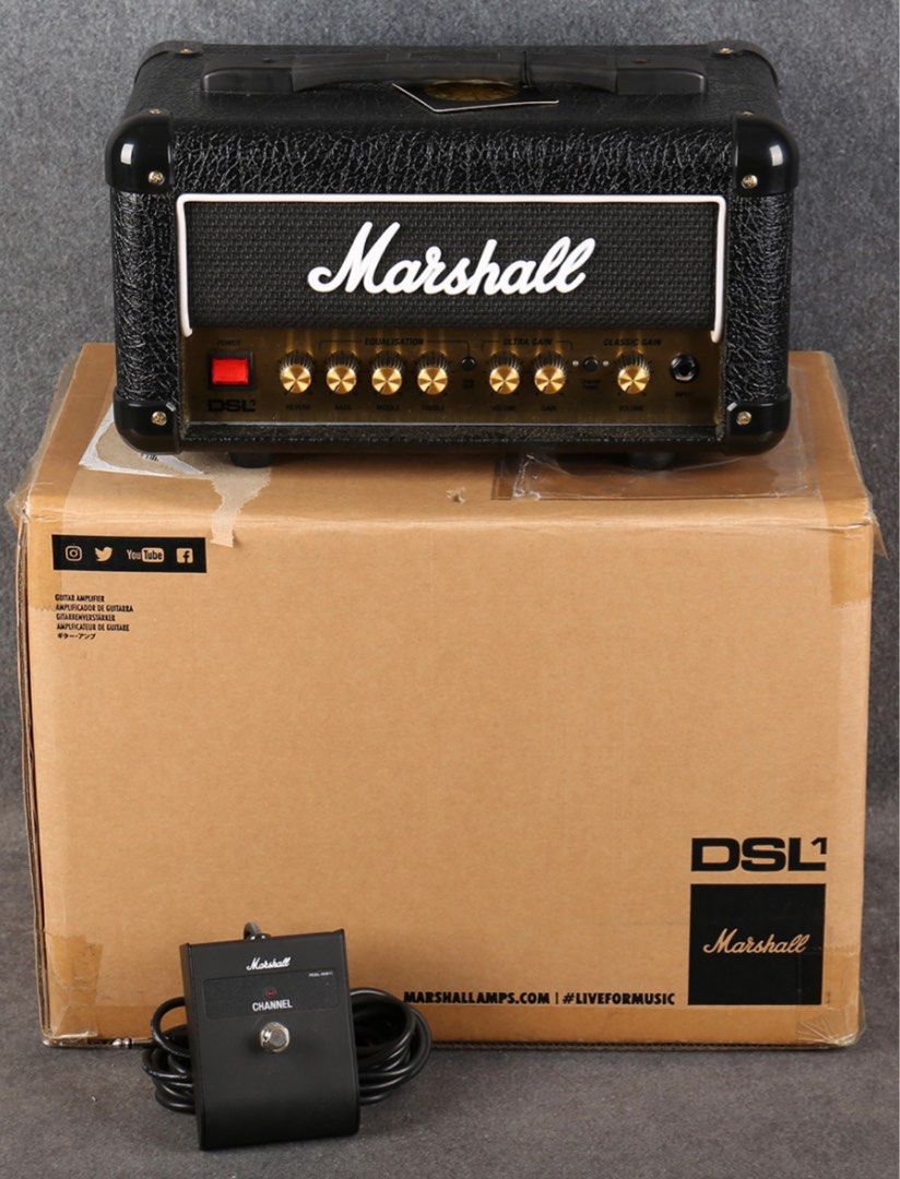 Marshall DSL1HR Guitar Amplifier (Category: Soundbars, Speakers & Amplifiers) located in Pasig City. Submitted by raffy210 (Listing ID 1417357421, Image 1). Description: - Compact Marshall DSL1 guitar amplifier - Includes channel footswitch - Comes with the original box - Stylish design: gold knobs and black exterior - Features the iconic Marshall logo and DSL1 model name - Convenient handle for easy carrying.