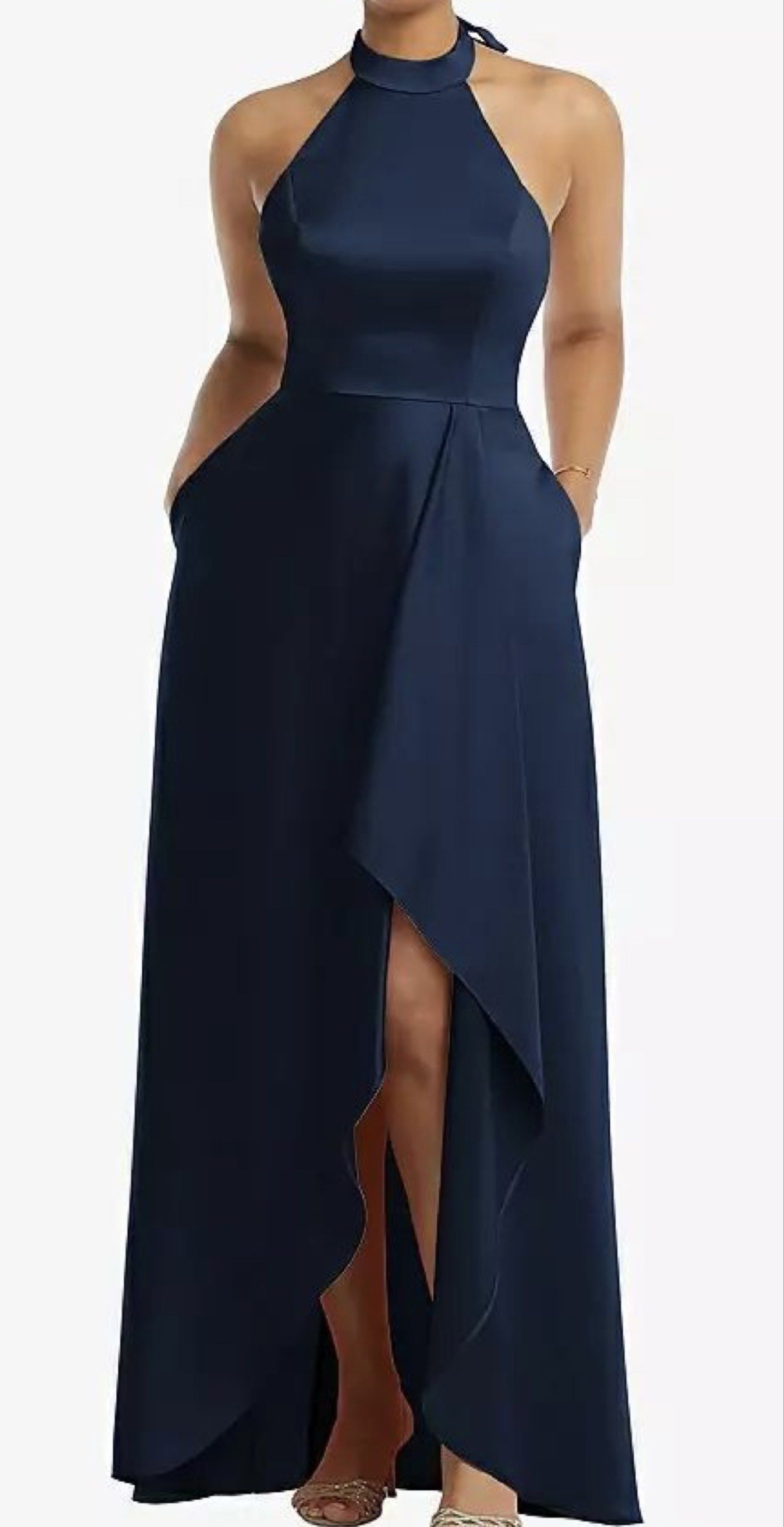 Navy Blue Halter High-Low Dress (Category: Dresses) located in Manila. Submitted by ladx_ (Listing ID 1417219333, Image 2). Description: - Navy blue halter dress - High-low design - Fitted bodice - Flowing skirt - Suitable for formal events and special occasions - Made of a smooth, satin-like fabric - USED ONCE LAST DECEMBER 2025.