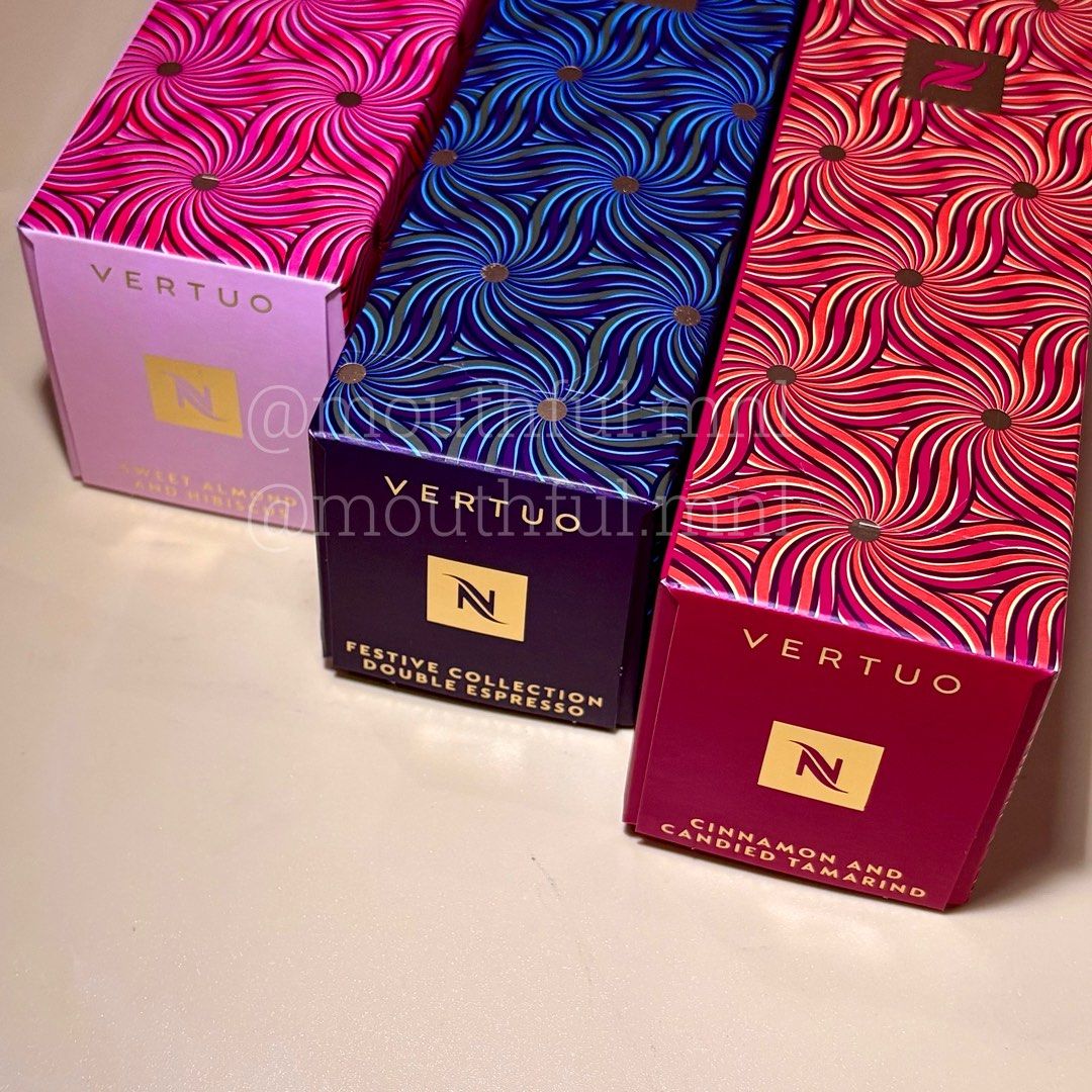 Nespresso Vertuo Festive Collection Coffee Capsules (Category: Coffee Machines & Makers) located in Rizal. Submitted by ichbingenisse (Listing ID 1417294022, Image 1). Description: - Nespresso Vertuo Festive Collection coffee capsules - Flavors: - Sweet Almond and Hibiscus - Festive Collection Double Espresso - Cinnamon and Candied Tamarind - Each box contains coffee capsules. - Milk recipes indicated on the box..