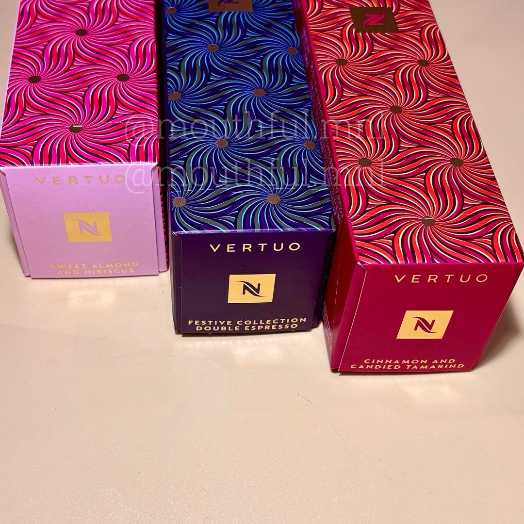 Nespresso Vertuo Festive Collection Coffee Capsules (Category: Coffee Machines & Makers) located in Rizal. Submitted by ichbingenisse (Listing ID 1417294022, Image 3). Description: - Nespresso Vertuo Festive Collection coffee capsules - Flavors: - Sweet Almond and Hibiscus - Festive Collection Double Espresso - Cinnamon and Candied Tamarind - Each box contains coffee capsules. - Milk recipes indicated on the box..