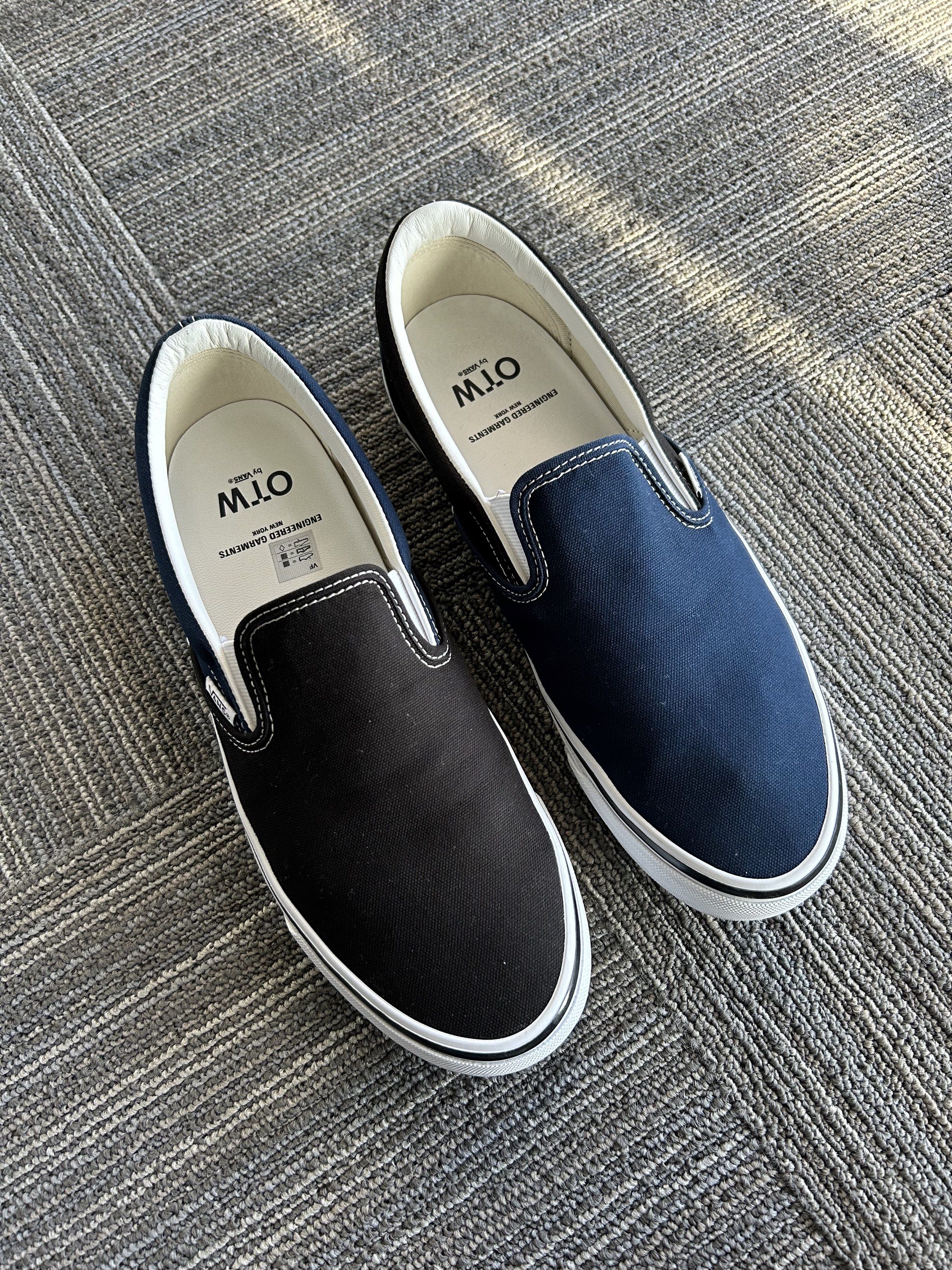 OTWbyVans x Engineered Garments (Category: Sneakers) located in Manila. Submitted by bodegabodega (Listing ID 1417388094, Image 2). Description: - Vans x Engineered Garments collaboration - Slip-on style sneakers - Color: Navy and Black - Includes original box - White midsole - Engineered Garments logo on insole - Engineered Garments logo on box WTS OTWByVans x Engineered Garments NY Used once Complete With Box and Receipt Good as new Size 11 Bou