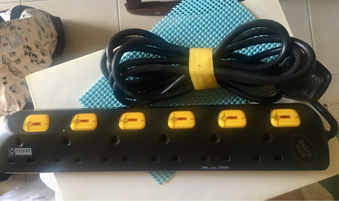 Taiyo Power Strip/extension cord 6 Outlets (Category: Home Improvement Tools & Accessories) located in Makati City. Submitted by joisel (Listing ID 1417302940, Image 2). Description: - Taiyo power strip - 6 outlets - Surge protection - Individual switches for each outlet - Long black power cord - Black with yellow accents Type G plug, good for Singapore, UK & HK use. 3m-long cord..