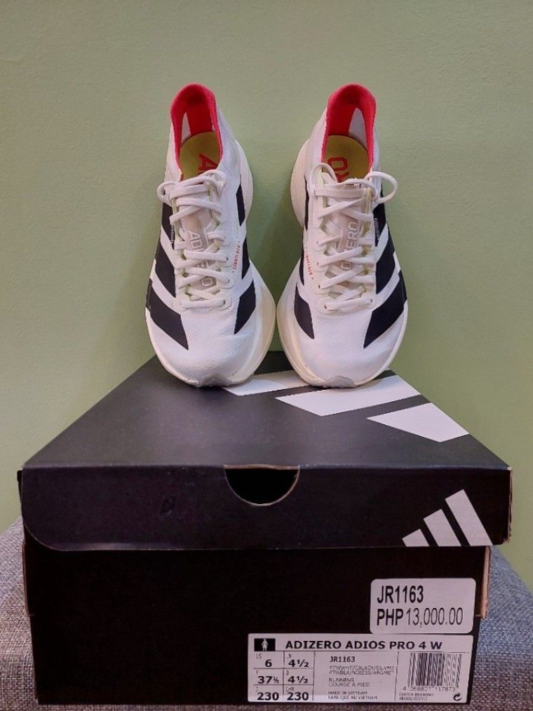 Adidas Adios Pro 4 - Women (Category: Sneakers) located in Manila. Submitted by fdeschamp (Listing ID 1417443460, Image 1). Description: Adidas Adios Pro 4 - Womens Size: US 6 Milage: 20+km RFS: Prefer different brand Shipping c/o buyer Meet-ups: Quezon City.