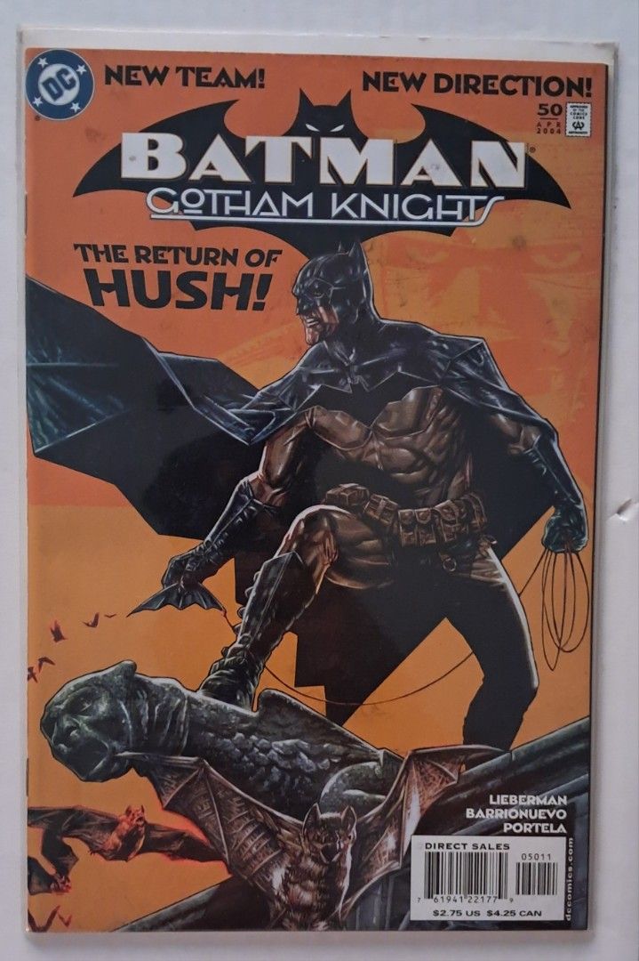 Batman Gotham Knight #50 Comic Book (Category: Comics & Manga) located in Quezon City. Submitted by ernestamaru2 (Listing ID 1417490642, Image 1). Description: Batman Gotham Knight #50 comic book. Features "The Return of Hush!" story. Published by DC Comics. Includes the names of the artists Lieberman, Barrionuevo, and Portela. Direct Sales edition. The cover has Batman standing on a gargoyle..