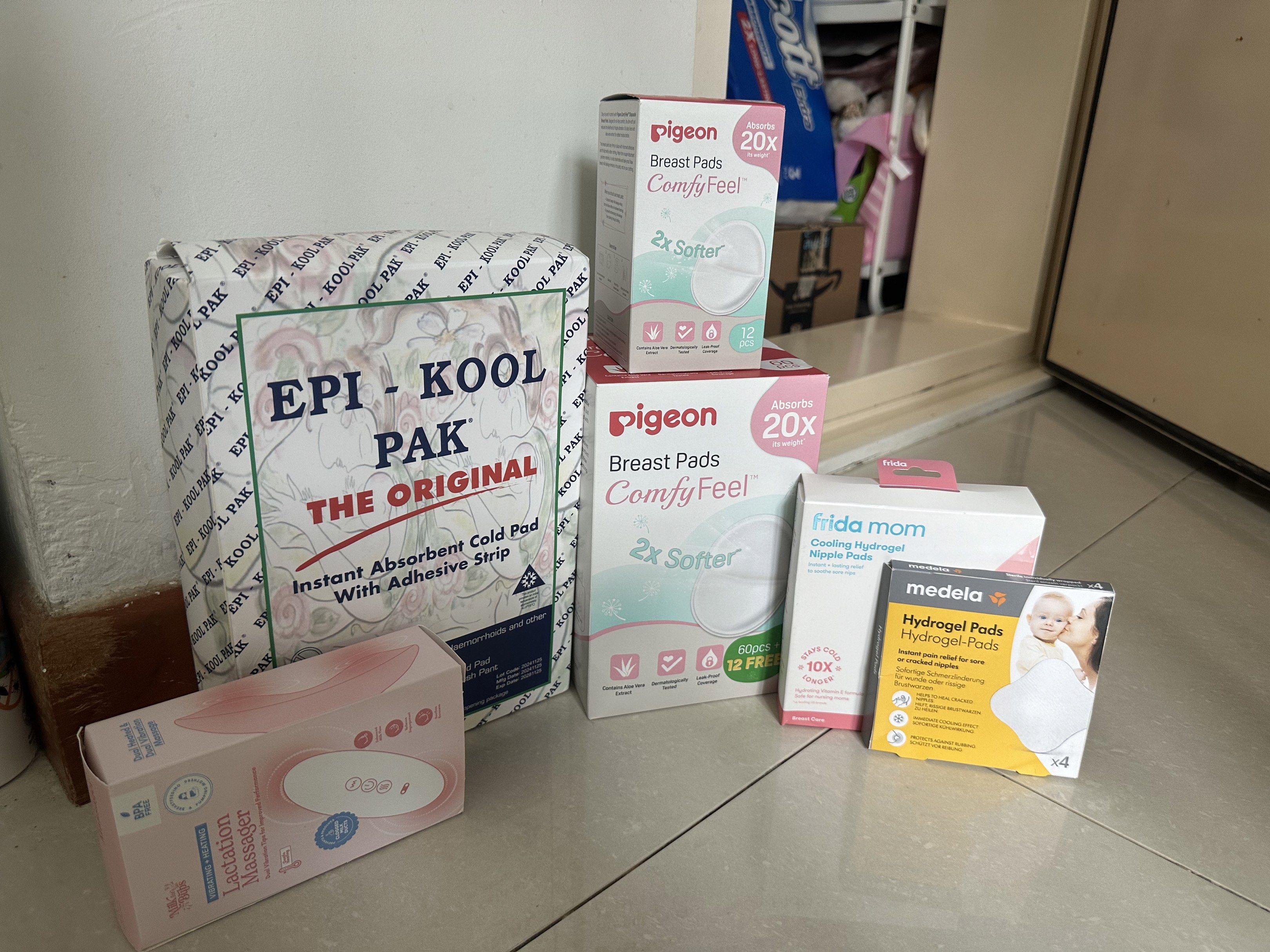 Essential Bundle (Category: Maternity Care) located in Singapore. Submitted by bellez87 (Listing ID 1417464261, Image 1). Description: New & unused essential bundle which includes: - Pigeon breast pads (72 pcs, expiry: 01/02/2027 & 12 pcs, expiry: 21/10/2027) - Frida Mom cooling hydrogel nipple pads (expiry: 09/06/2026) - Epi-Kool Pak (expiry: 25/11/2028) - Lactation massager Ideal for new mothers. .