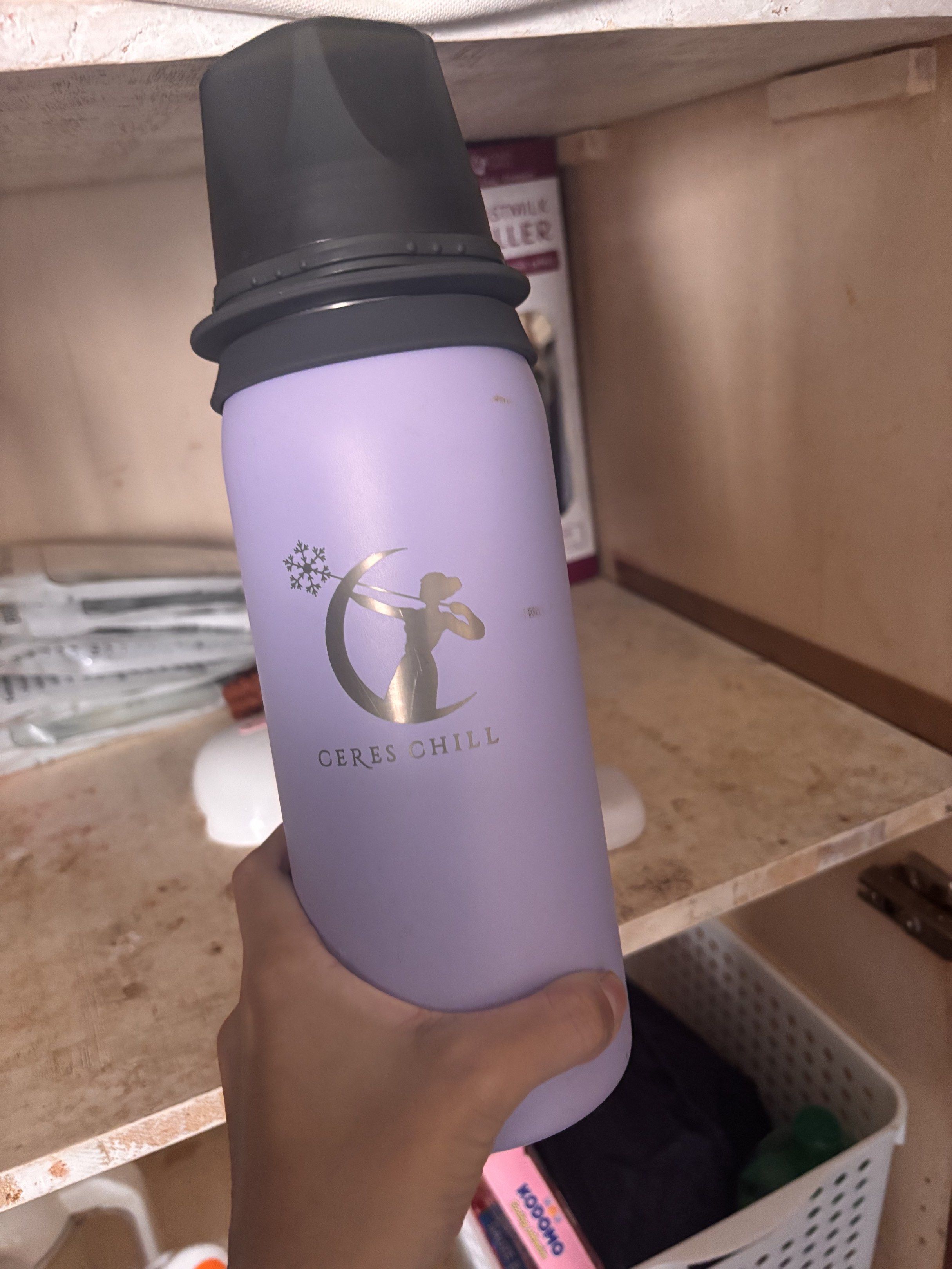 Ceres Chill Water Bottle (Category: Water Bottles & Tumblers) located in Manila. Submitted by char_g (Listing ID 1417563244, Image 2). Description: - Stylish Ceres Chill water bottle - Purple body with black cap - Features a logo - Keeps drinks cold or hot - Ideal for everyday use and outdoor activities.