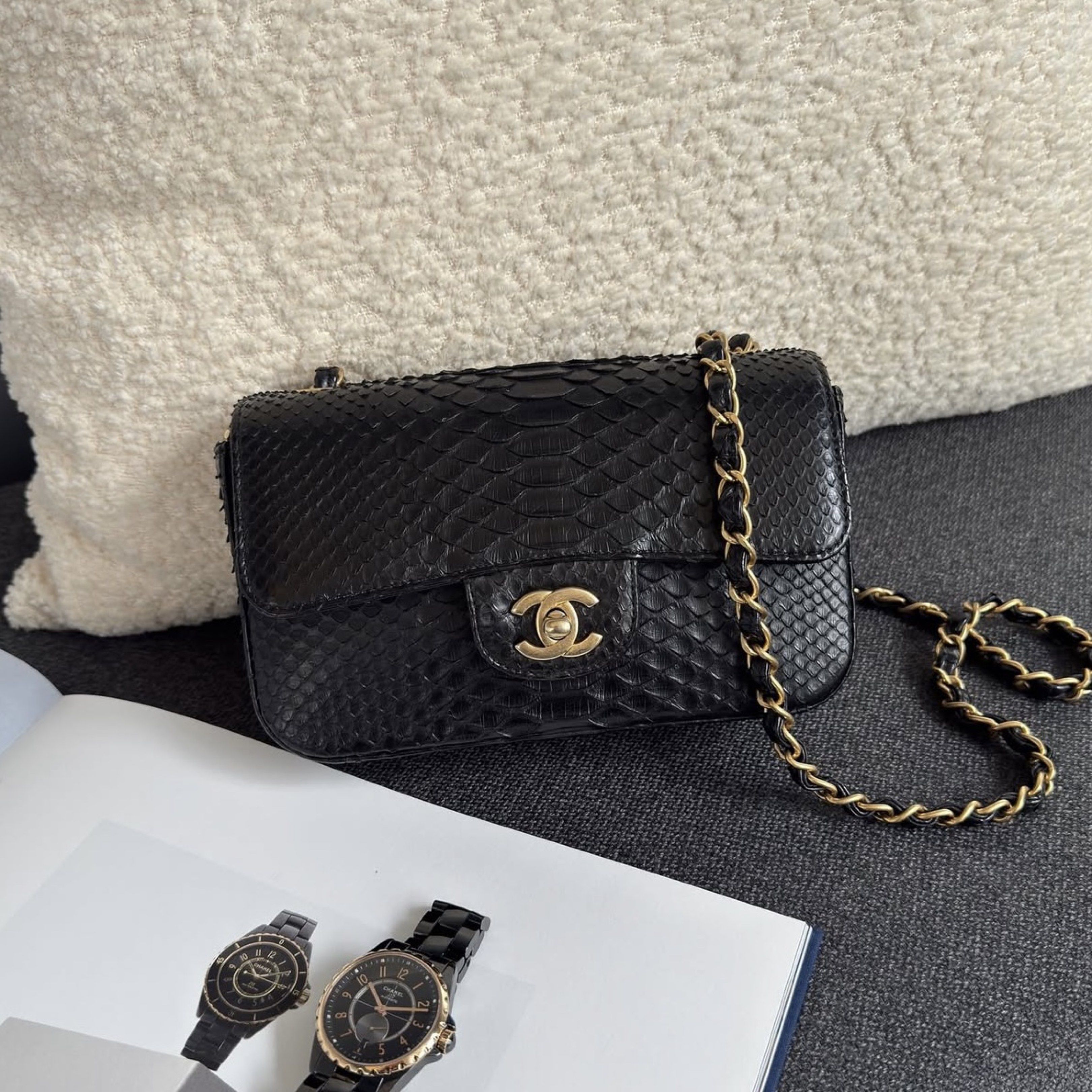 Chanel Mini Rectangular Flap Python Black Matte gold hardware (Category: Bags & Wallets) located in Singapore. Submitted by yasfinds (Listing ID 1417507353, Image 1). Description: Chanel Mini Rectangular Flap Like new L20 H12 D6cm Python Black Matte gold hardware Series 25 (year 2018) Comes with Authenticity card, box and dust bag only 2505# 📱App: Kai @ +65 98263475 ✔️Authenticity Guaranteed 📕Priority to Appointment(Walk-in subject to availabil