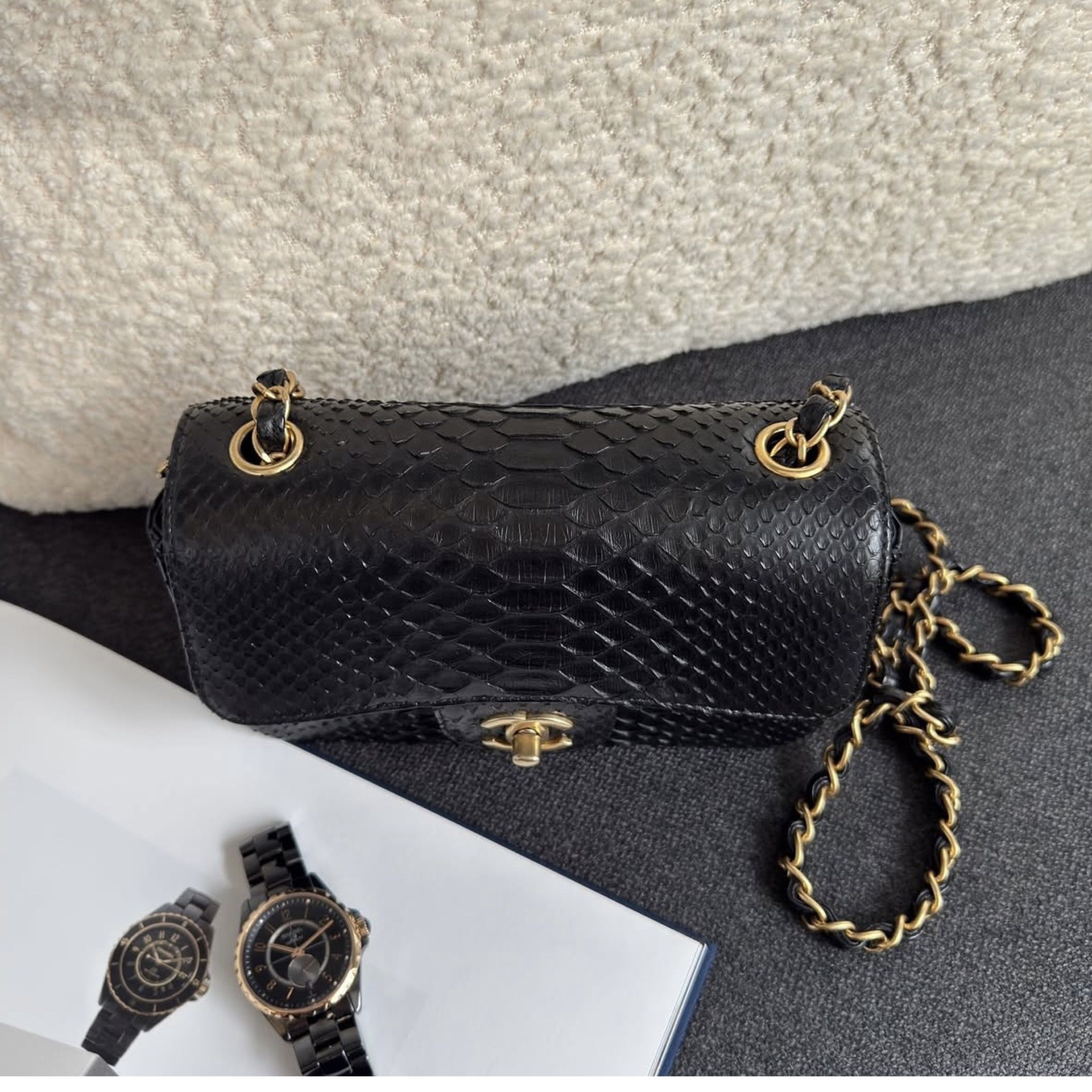 Chanel Mini Rectangular Flap Python Black Matte gold hardware (Category: Bags & Wallets) located in Singapore. Submitted by yasfinds (Listing ID 1417507353, Image 3). Description: Chanel Mini Rectangular Flap Like new L20 H12 D6cm Python Black Matte gold hardware Series 25 (year 2018) Comes with Authenticity card, box and dust bag only 2505# 📱App: Kai @ +65 98263475 ✔️Authenticity Guaranteed 📕Priority to Appointment(Walk-in subject to availabil