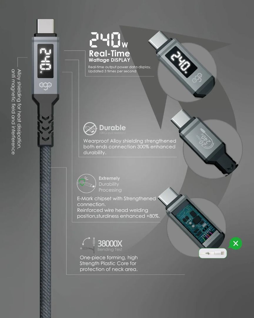 EGO WIRY MAG 240W USB3.2 Type-C to C 磁吸數據線(第三代) 灰色,白色 🔥全新現貨/實體門市自取/順豐即日發🔥 （分類：充電器及電線）位於 Hong Kong。 由 ahcoo 提交（商品編號 1215417400，圖片 3）。簡介： WIRY MAG (第三代) CCRT3 全功能USB3.2 Gen2x2數據線，磁吸線身,自動纏繞,方便收納。並給予3年1換1保養, 全球首條斷頭,斷線都在保養範圍的數據線 ❤️ 50cm $88 ❤️ 120cm $108 ❤️ 200cm $128 ( 灰/白二色 ) 1. USB3.2 Gen2X2 規格, 20Gbps,影片8K,同時可240W充電。 2. 全球唯一 3年1換1保養, 全球首條斷頭,斷線都在保養範圍的數據線。 3. EGO 10年造線經驗, 超合金鋼模插頭, 一線傳三代,人走佢都未走 4. 凸出插頭, 兼容99%手機殼, 不會頂住手機套插口位 5. 支援PD3.1, PPS, QC5+, Q