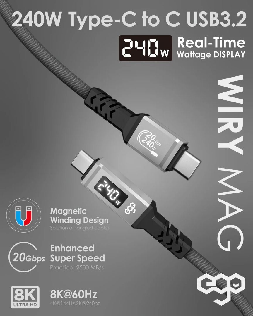 EGO WIRY MAG 240W USB3.2 Type-C to C 磁吸數據線(第三代) 灰色,白色 🔥全新現貨/實體門市自取/順豐即日發🔥 （分類：充電器及電線）位於 Hong Kong。 由 ahcoo 提交（商品編號 1215417400，圖片 2）。簡介： WIRY MAG (第三代) CCRT3 全功能USB3.2 Gen2x2數據線，磁吸線身,自動纏繞,方便收納。並給予3年1換1保養, 全球首條斷頭,斷線都在保養範圍的數據線 ❤️ 50cm $88 ❤️ 120cm $108 ❤️ 200cm $128 ( 灰/白二色 ) 1. USB3.2 Gen2X2 規格, 20Gbps,影片8K,同時可240W充電。 2. 全球唯一 3年1換1保養, 全球首條斷頭,斷線都在保養範圍的數據線。 3. EGO 10年造線經驗, 超合金鋼模插頭, 一線傳三代,人走佢都未走 4. 凸出插頭, 兼容99%手機殼, 不會頂住手機套插口位 5. 支援PD3.1, PPS, QC5+, Q