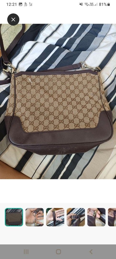 Gucci Sling Bag Large (Category: Luxury Bags & Wallets) located in Valenzuela. Submitted by muralungs101 (Listing ID 1417439342, Image 1). Description: walang code, merong etiketa sa loob Gucci sling bag - Iconic GG canvas design with leather trim - Detachable shoulder strap - Secure zip closure - Fabric-lined interior with small pocket - Elegant gold-tone hardware - Includes Gucci tag.