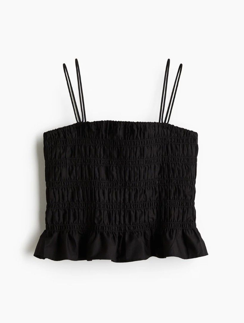 H&M Black Smocked Tie Top (Category: Sleeveless) located in Manila. Submitted by miyoungg (Listing ID 1417574274, Image 2). Description: Worn once. RFS: Decluttering.