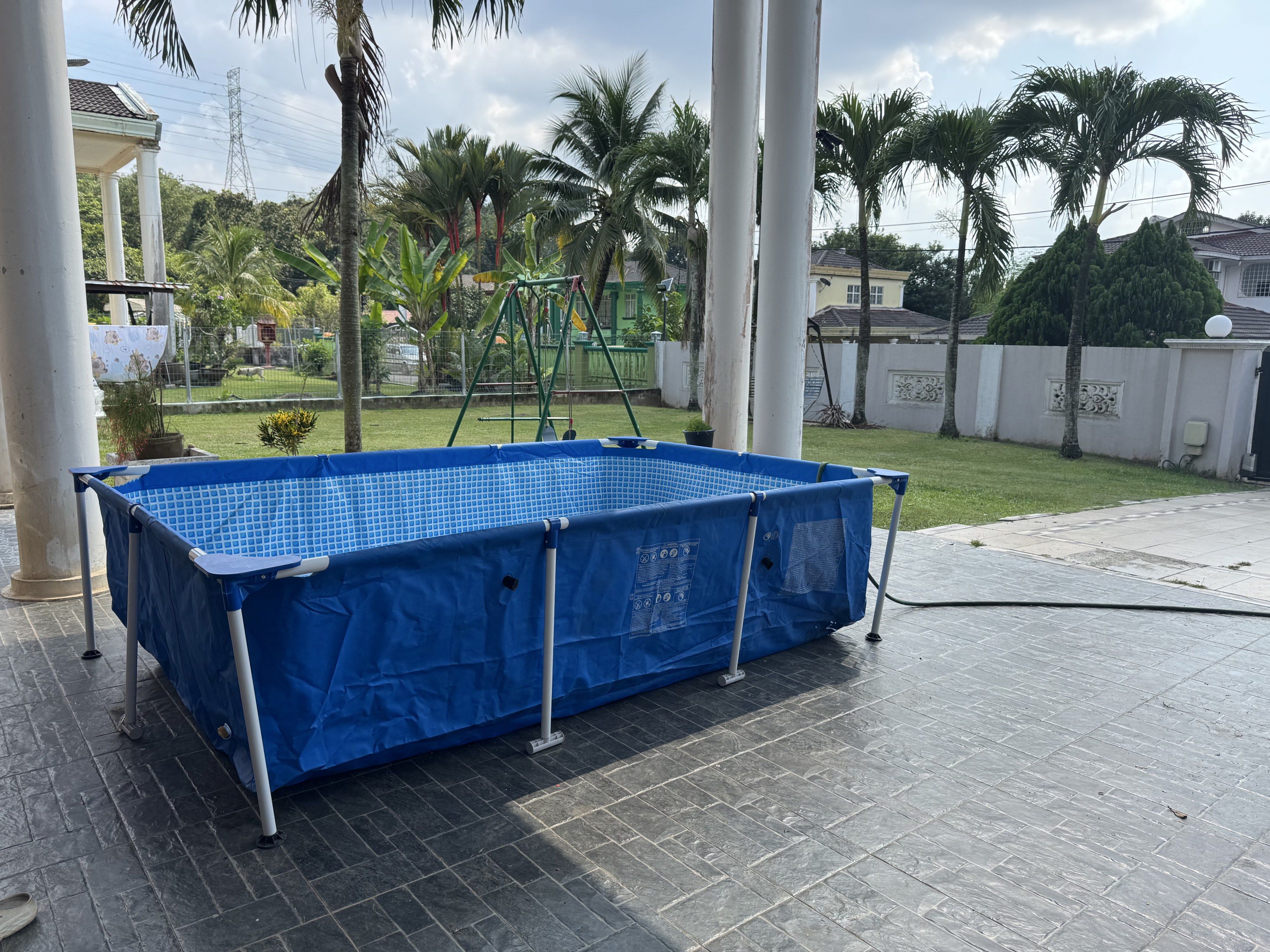 Intex Rectangular Frame Pool (Category: Other Sports Equipment and Supplies) located in Serendah. Submitted by tanchengwui (Listing ID 1417557139, Image 2). Description: Condition: Used – small hole (can be patched) Status: Still usable after patching / DIY repair Size: 📏 300 × 200 × 75 cm (still got box) Details: • Strong metal frame • Thick Intex liner • Suitable for kids & adults • Used at covered porch area • Selling because no longer in use