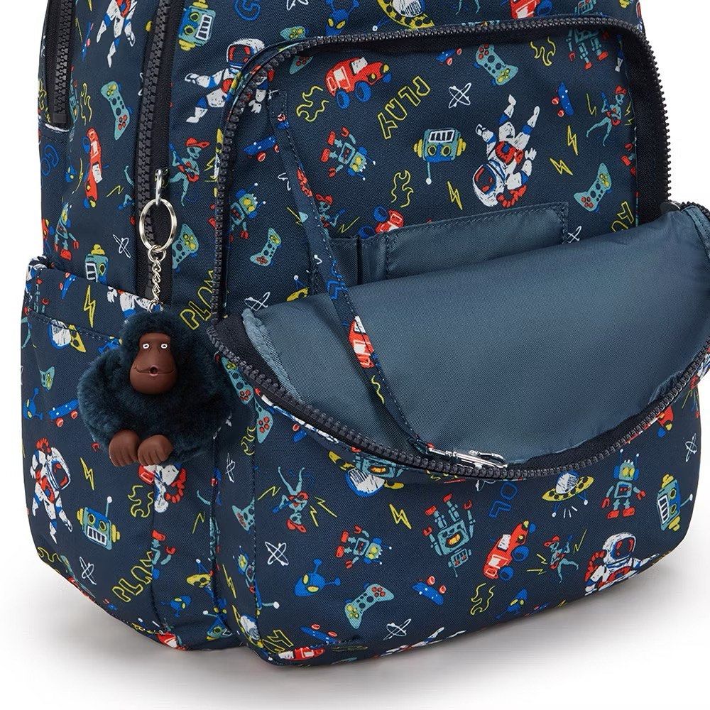 Kipling Backpack (Category: Babies & Kids Fashion) located in Singapore. Submitted by momloves (Listing ID 1417534981, Image 3). Description: Negotiable for serious buyer only! - Kipling Seoul large backpack with a fun space game print - Adjustable shoulder straps - Multiple compartments for storage - Top handle for easy carrying - Includes the signature Kipling monkey charm - Ideal for school or everyday use.