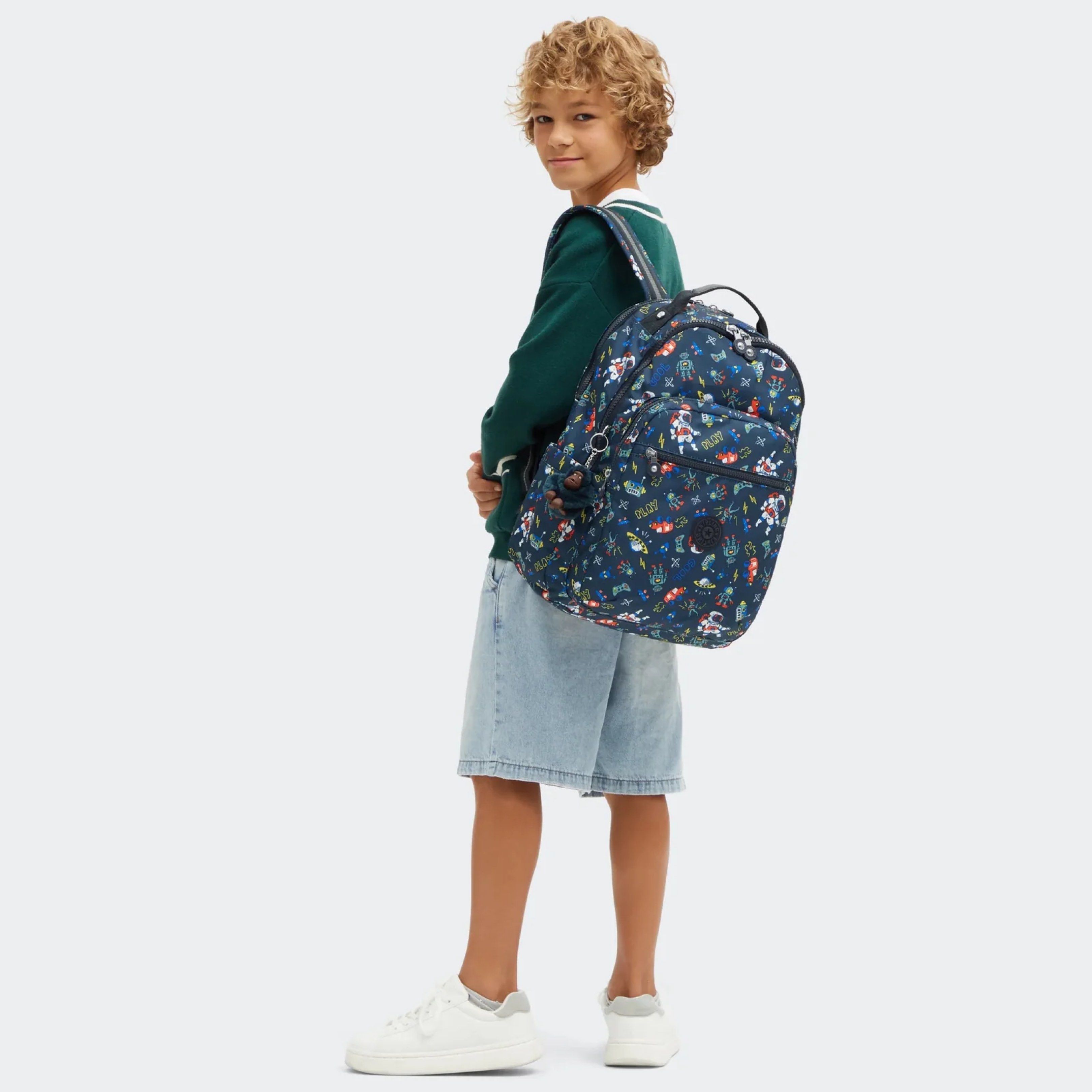 Kipling Backpack (Category: Babies & Kids Fashion) located in Singapore. Submitted by momloves (Listing ID 1417534981, Image 2). Description: Negotiable for serious buyer only! - Kipling Seoul large backpack with a fun space game print - Adjustable shoulder straps - Multiple compartments for storage - Top handle for easy carrying - Includes the signature Kipling monkey charm - Ideal for school or everyday use.