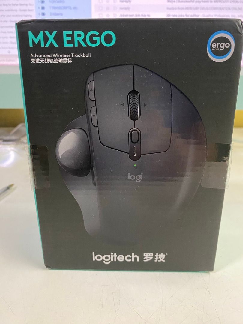 Logitech MX Ergo Advanced Wireless Trackball Mouse (Category: Mouse & Mousepads) located in Manila. Submitted by missberns (Listing ID 1417437088, Image 1). Description: - Features a trackball design for precise cursor control - Includes buttons for easy navigation and customization - Comes with its original box.