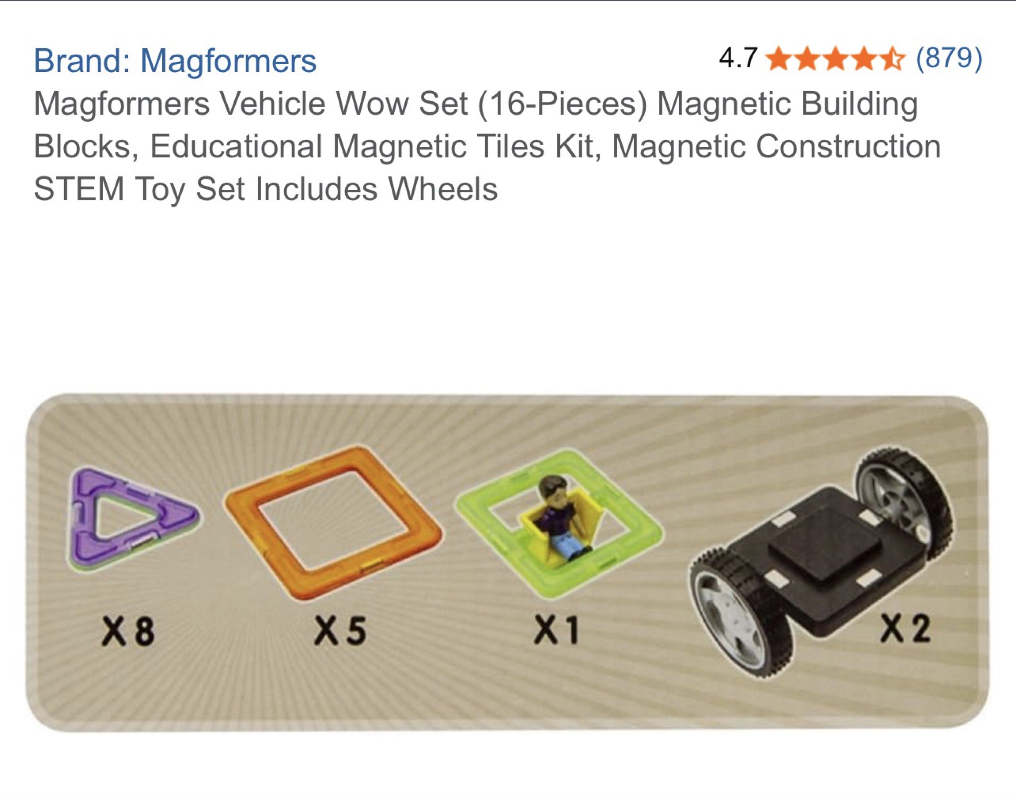 Magformers Wow 16pc Vehicle Set (Category: Educational & Learning Toys) located in Muntinlupa City. Submitted by patliza (Listing ID 1417490904, Image 2). Description: - Magformers Wow 16pc Vehicle Set - Includes magnetic building blocks and wheels - STEM-authenticated educational product - Contains: - 8 Triangles - 5 Squares - 1 Figure - 2 Wheel Bases - Build various vehicle models!.