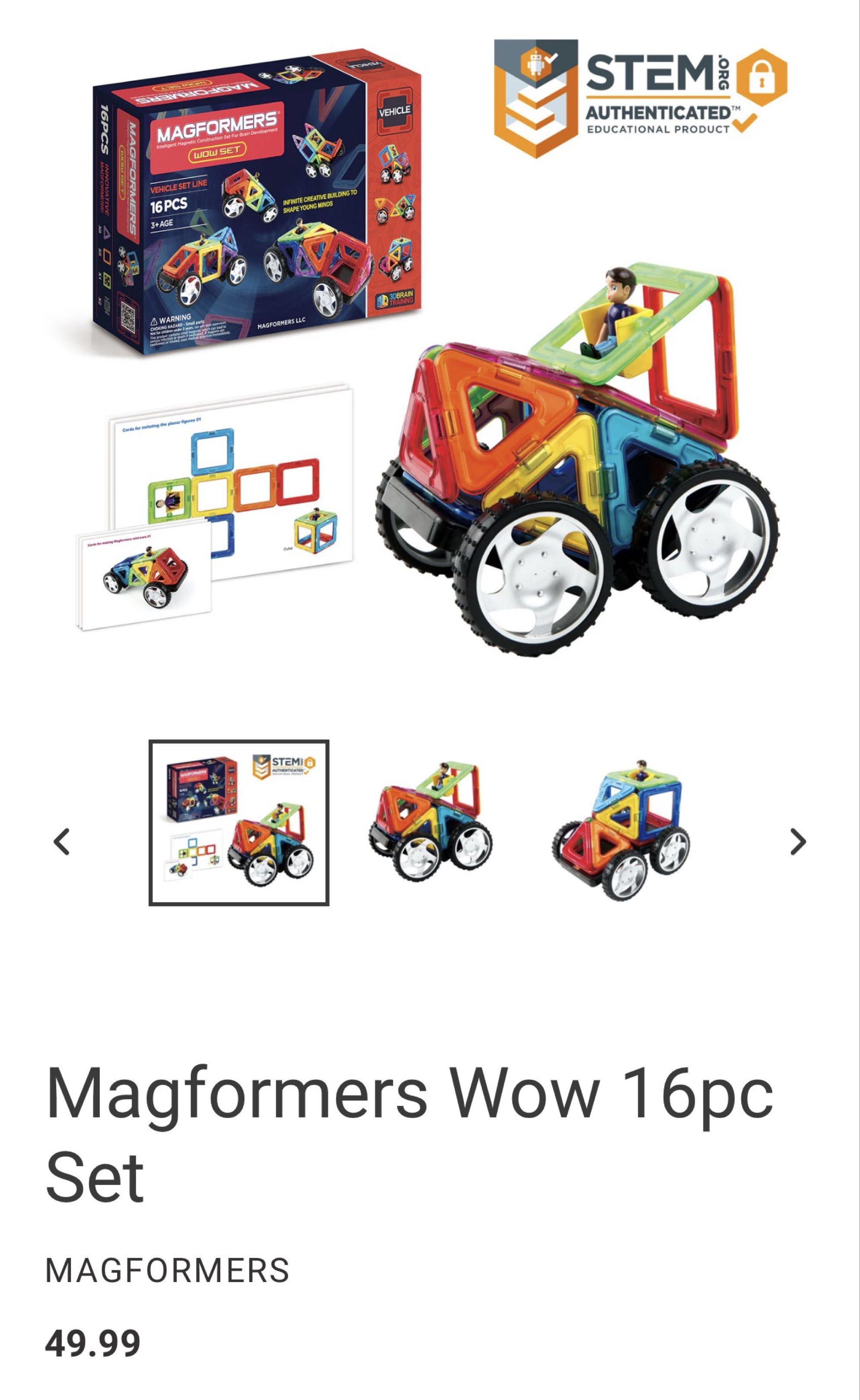 Magformers Wow 16pc Vehicle Set (Category: Educational & Learning Toys) located in Muntinlupa City. Submitted by patliza (Listing ID 1417490904, Image 1). Description: - Magformers Wow 16pc Vehicle Set - Includes magnetic building blocks and wheels - STEM-authenticated educational product - Contains: - 8 Triangles - 5 Squares - 1 Figure - 2 Wheel Bases - Build various vehicle models!.
