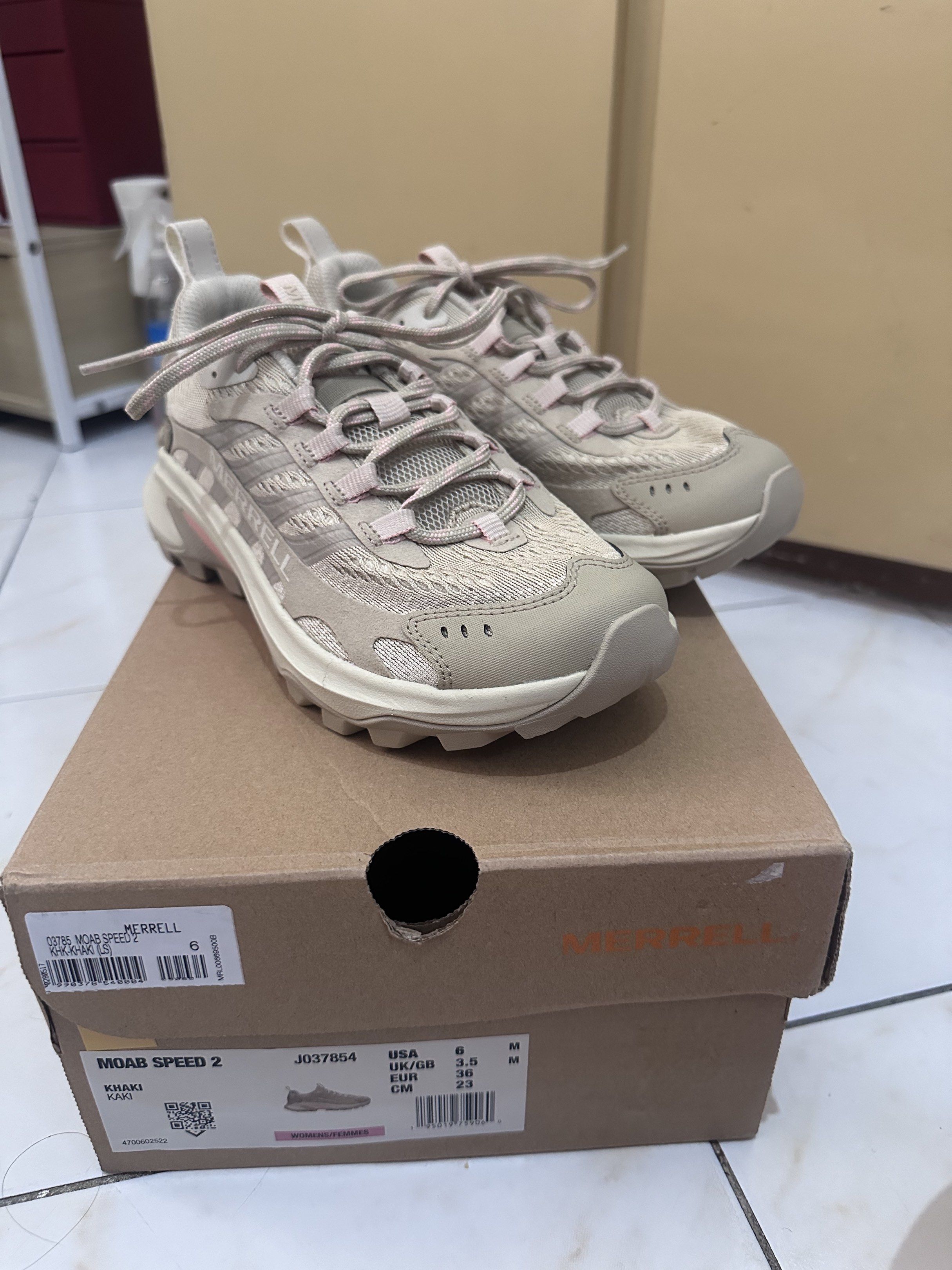Merrell Moab Speed 2 Khaki (Category: Sneakers) located in Makati City. Submitted by monicacharisma2788 (Listing ID 1417448815, Image 2). Description: - Merrell Moab Speed 2 - Color: Khaki - Size: US 6, UK 3.5, 23 CM - Vibram sole - Includes original box - Condition: Good.
