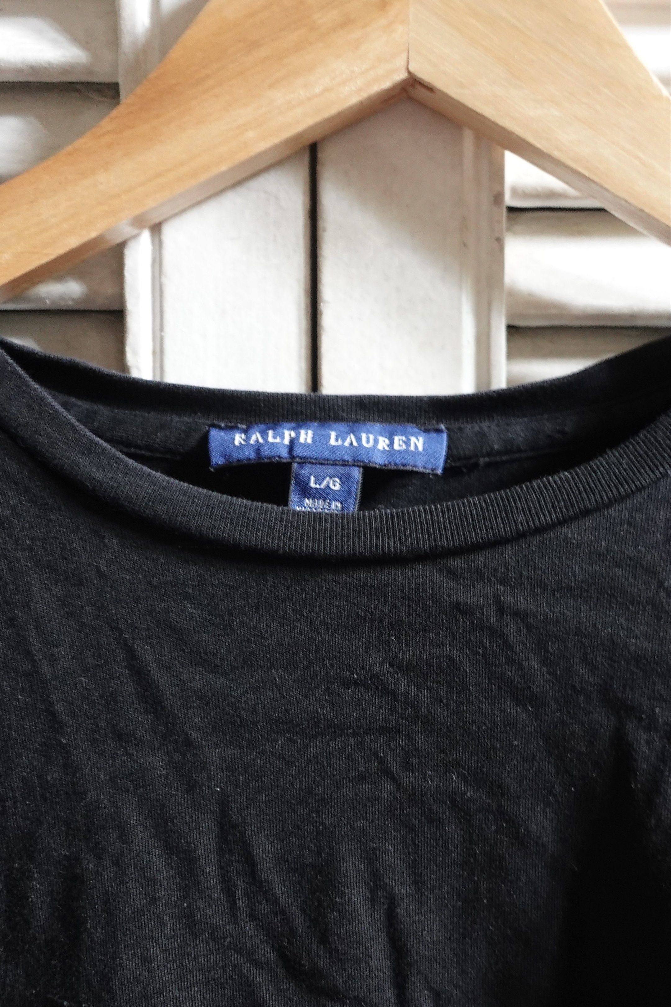 Ralph Lauren Black T-shirt (Category: Shirts) located in Marikina City. Submitted by mrgalc (Listing ID 1417549376, Image 3). Description: Ralph Lauren Black Top ✅ Authentic and original RL Size: L Condition: Well used but not abused, no stains or flaws.