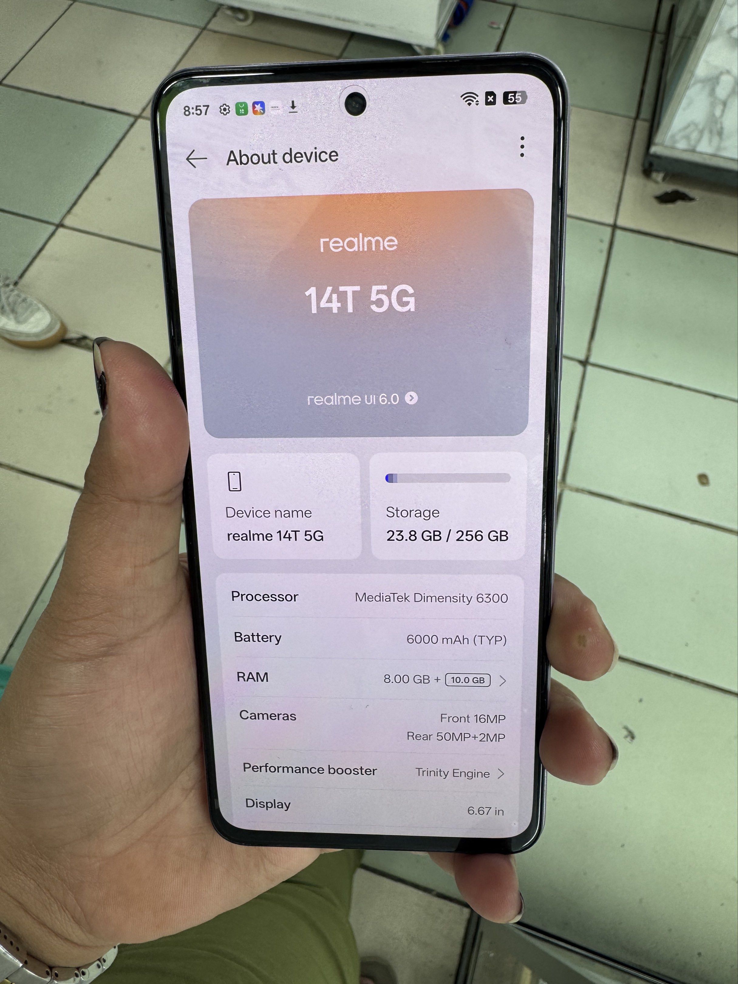 Realme 14T 8+10/256gb (Category: Realme) located in San Juan City. Submitted by wainefreygadgetshop (Listing ID 1417571475, Image 2). Description: REALME 14T 8+10gb/256gb Here are the specifications of the Realme 14T: *Display* - 6.67-inch AMOLED display - 1080 x 2400 pixels resolution - 120Hz refresh rate - 2100 nits peak brightness - 20:9 aspect ratio - 386 ppi density *Performance* - MediaTek Dimensity 6300 chipset - Octa-core CPU (2x2.4 GHz C
