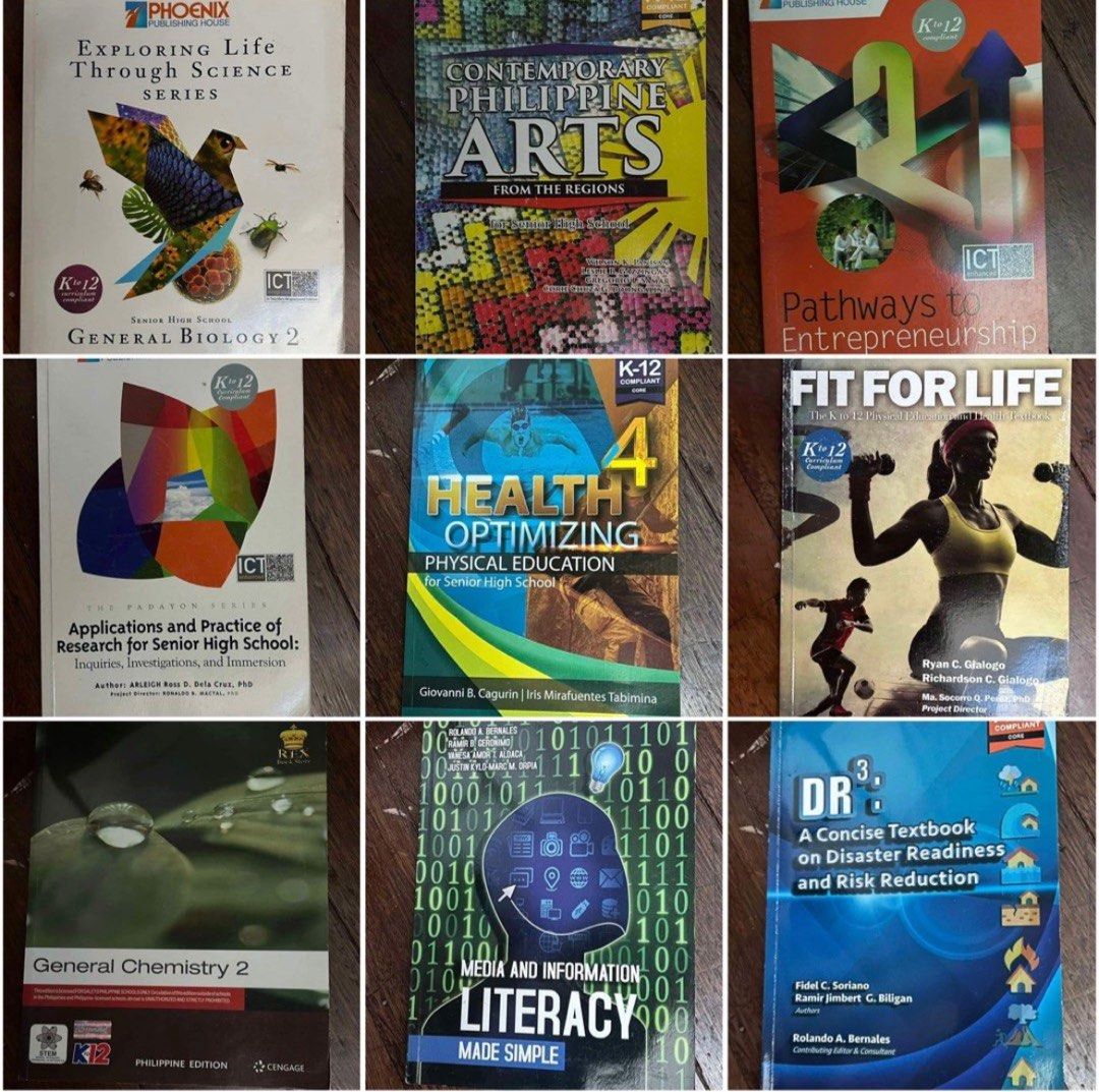 Senior High school Books STEM (Category: Textbooks) located in Manila. Submitted by sophiabeatriz (Listing ID 1417434298, Image 1). Description: 9 Books available ₱125 each ₱500 - take all 8 books General Biology 2 - SOLD Contemporary arts Pathway to Entrepreneurship Fit for life Health Optimization General Chemistry 2 Media and Information literacy DR3 > All in good condition > no highlights, no writings > RFS: not used anymore, ginamit lang nun