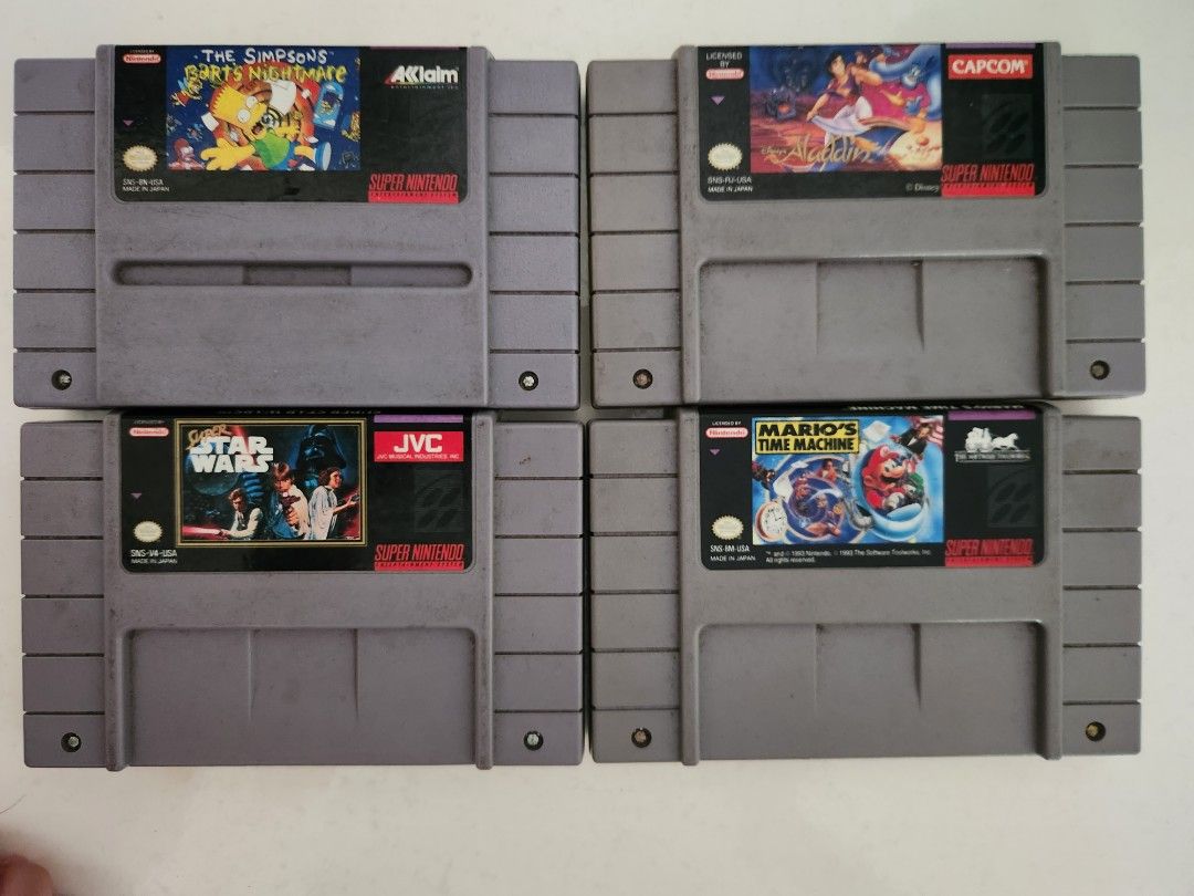 Super Nintendo (SNES) Games (Category: Nintendo) located in Makati City. Submitted by karamazob006 (Listing ID 1409855939, Image 1). Description: For sale SNES Games (Tested) - SNES game cartridges. - Bart Simpson's Nightmare, Super Star Wars Mario's Time Machine and Aladdin - No boxes 1500 each Take all 4500.