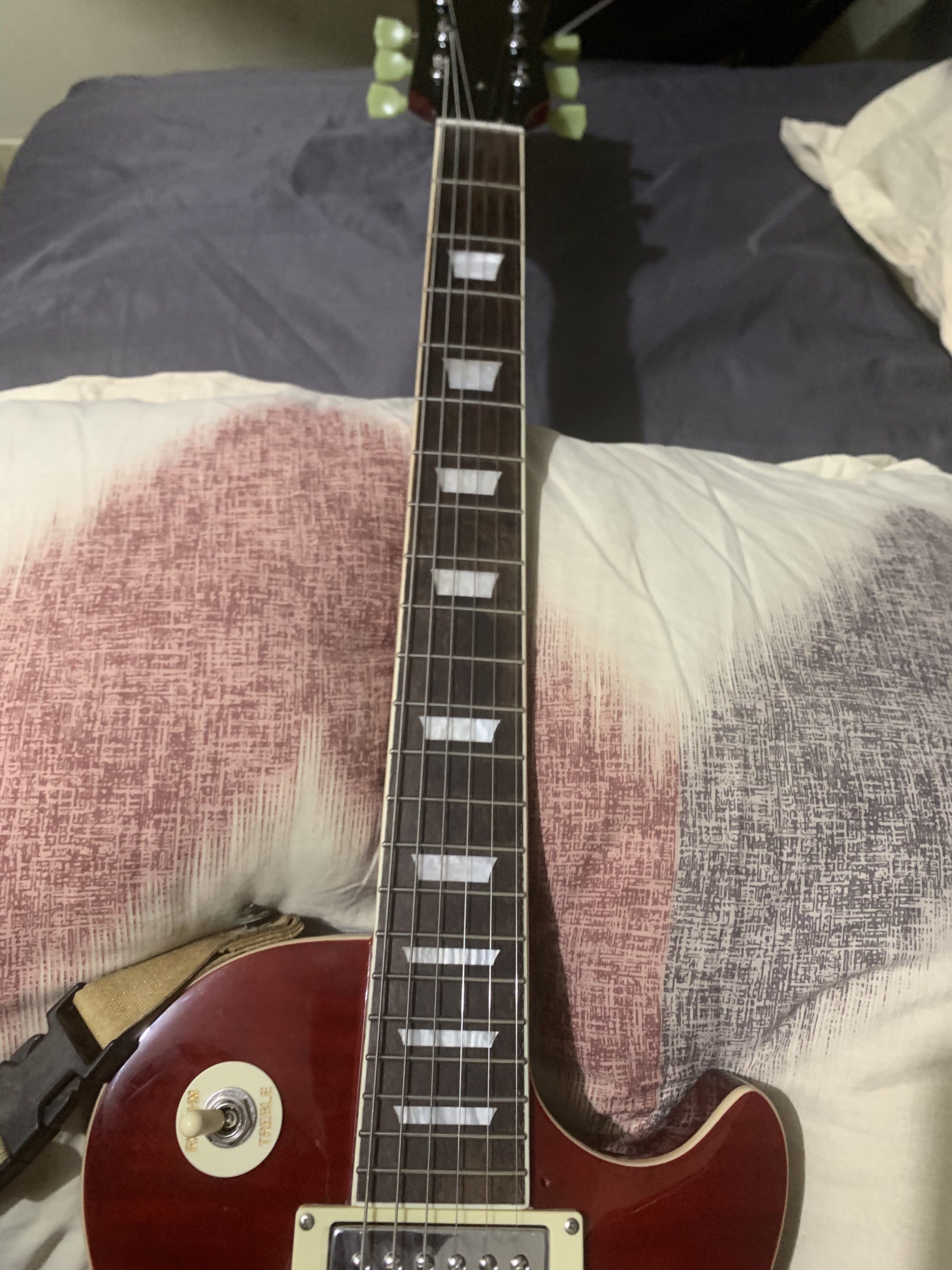 Thomson Les Paul Style Electric Guitar (Category: Musical Instruments) located in Paranaque City. Submitted by -enzo- (Listing ID 1417568938, Image 3). Description: Thompson les paul. Brand new, just bought. -surprisingly feels good to play after setting it up for a while. -sounds perfectly fine. -will include DiMarzio quick release strap with strap lock. -will include extra set of strings -includes padded gig bag. -Scratch plate will come includ